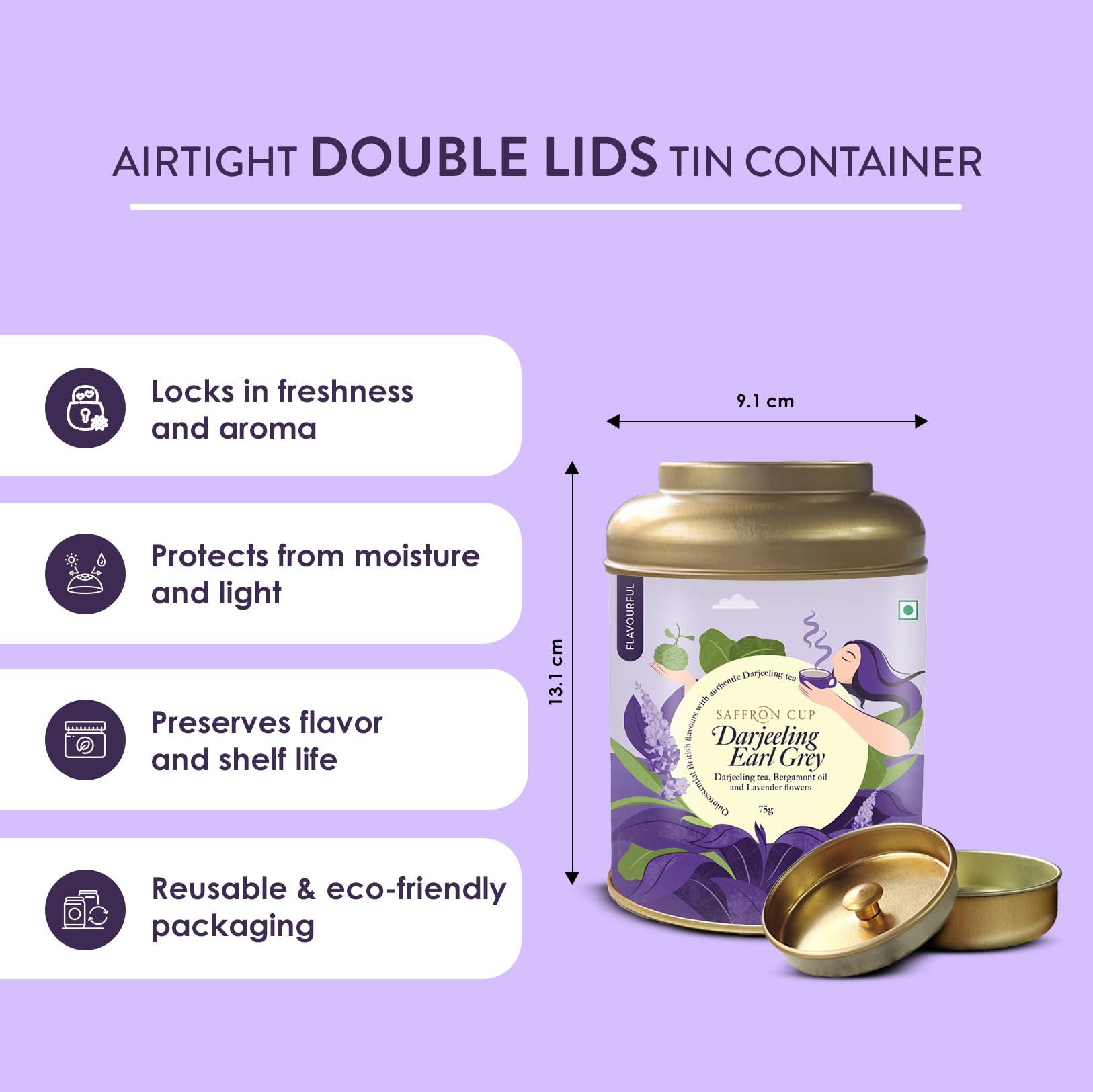 Saffron Cup Saffron Cup Darjeeling Earl Grey Black Tea | Loose Tea Leaves 100 gm | Strong Darjeeling Tea Blended with Bergamot Flavour and Lavender Flowers | Boosts Energy & Metabolism, Improves Immunity | 100% Natural Teas