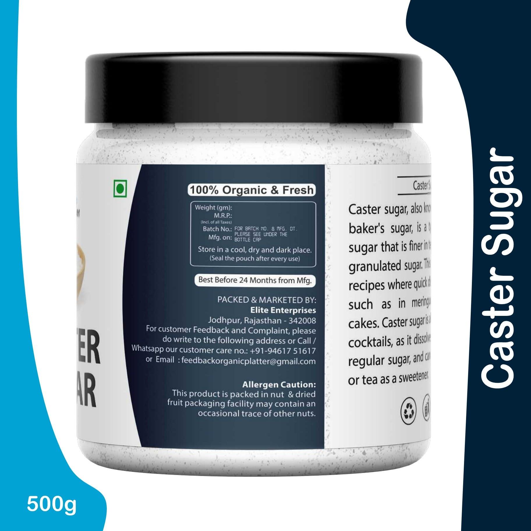 Organic Platter Castor Sugar|Desi Shakkar Bura|Caster Sugar|Pissi Khand|Chini Powder for Baking|White Sugar Bura|Desserts Sugar|Sulphurless Sugar|Chini Powder for Baking-Jar (500g)