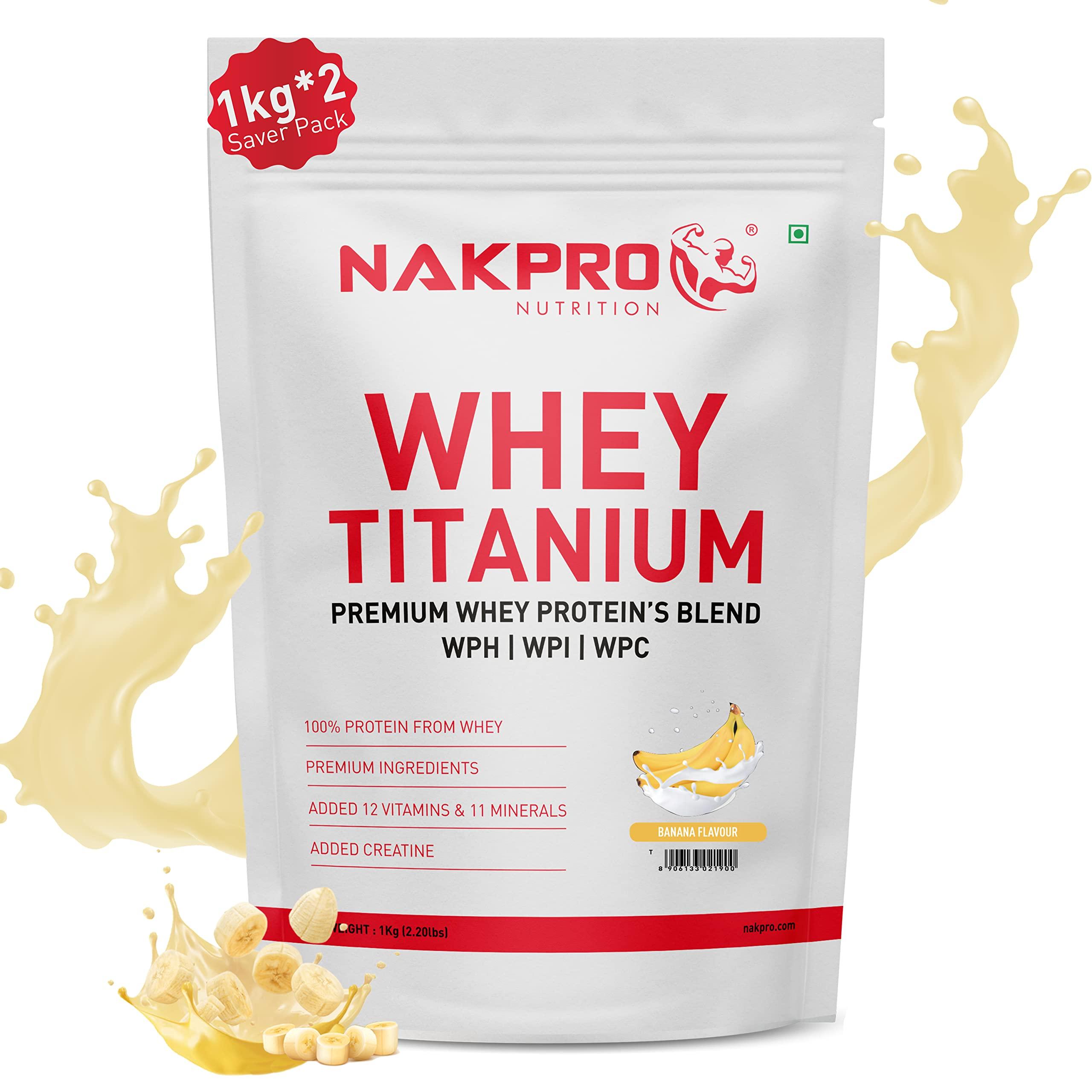 NAKPRO NAKPRO Titanium Tri Blend Whey Protein Hydrolyzed, Whey Protein Isolate & Whey Protein Concentrate | 24.04g Protein, 5.29g BCAA | Added Vitamins, Minerals & Creatine (2 Kg, Banana)