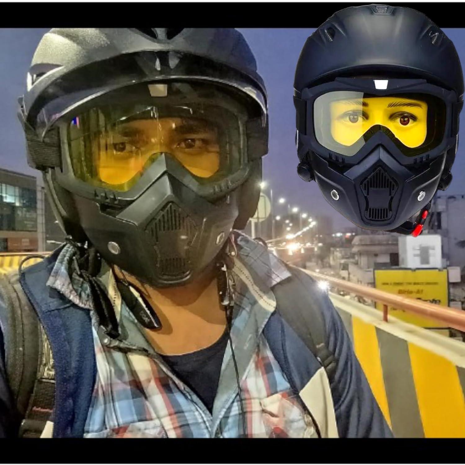 Fariox FARIOX Motocross Bike Riding Goggles Glasses with Face mask Dust Mask with Detachable Motorcycle Oculos Gafas and Mouth Filter for Open Face Vintage Helmets (Yellow)