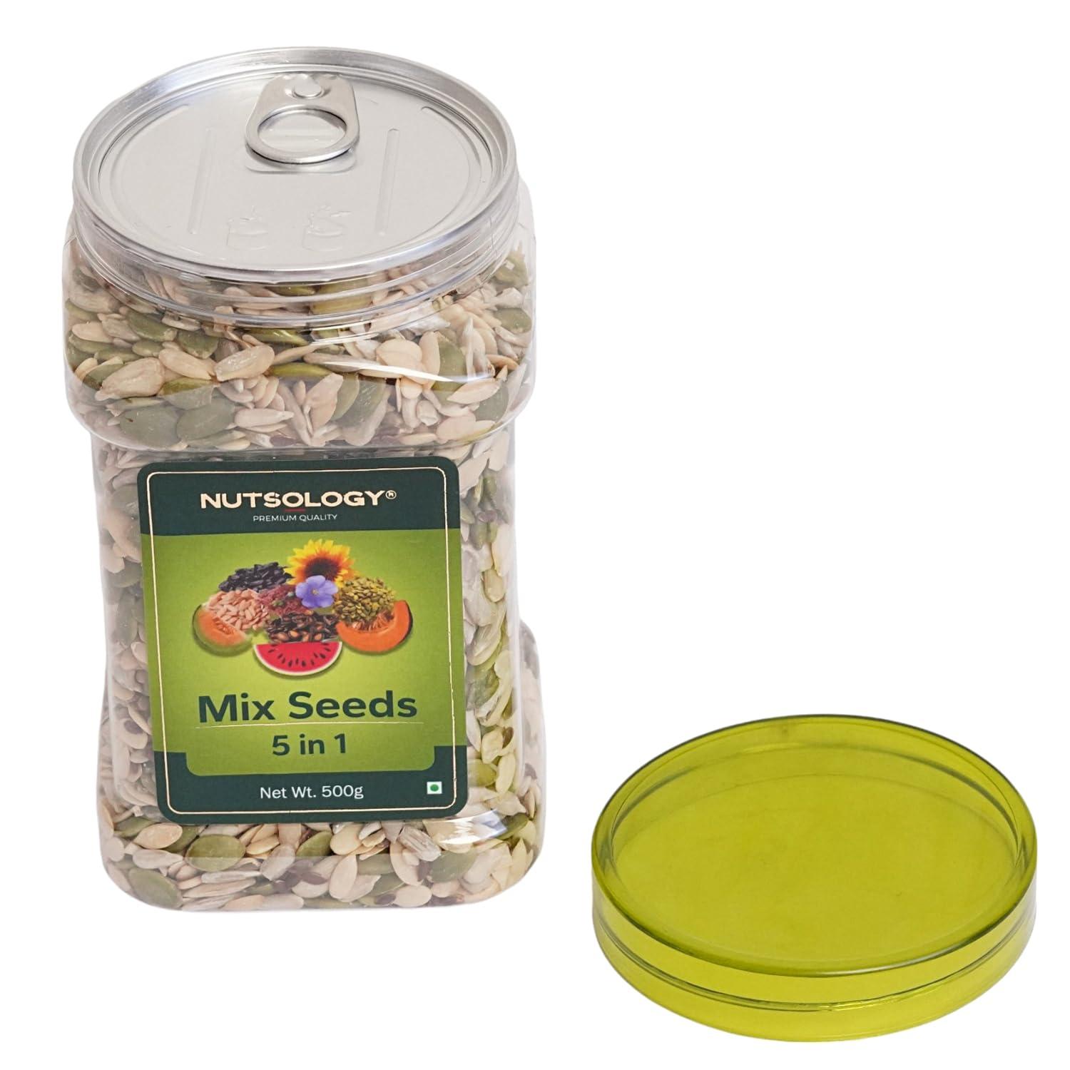NUTSOLOGY Nutsology Premium Mix Seeds | 500g | 5 in 1 | Roasted Pumpkin, Flax & Sunflower Seed + Raw Watermelon & Muskmelon/Kharbuja Seeds | Healthy