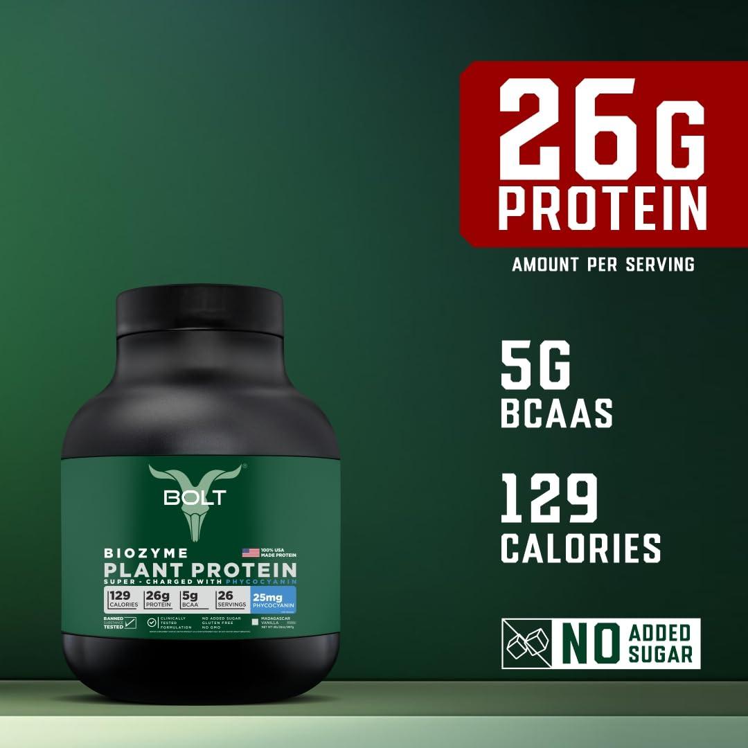 Bolt Bolt Biozyme Plant Protein | Vegan Protein with Superfood PHYCOCYANIN and Ayurvedic Herbs | Complete Amino Acid Profile for muscle Support and Recovery | 2Lb/32oz, 26 Servings | Madagascar Vanilla