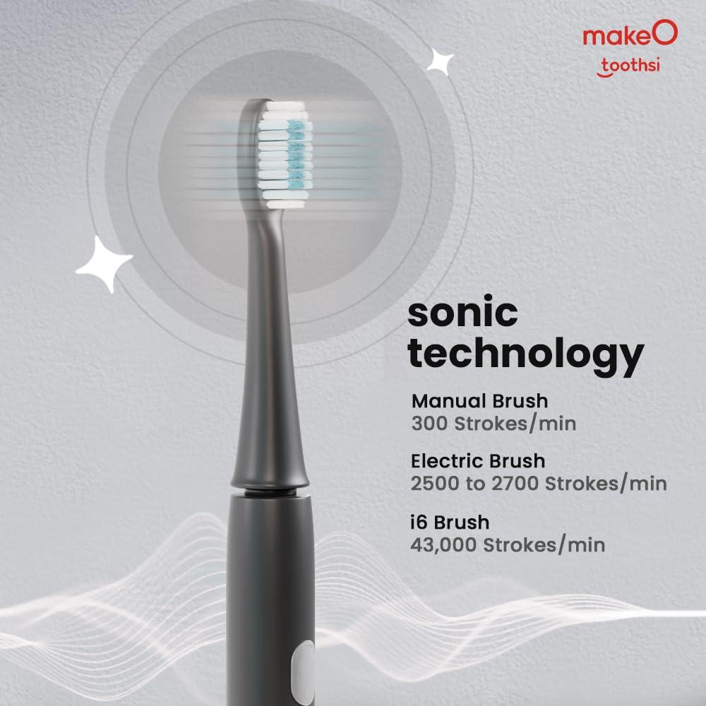 Toothsi Toothsi Electro i6 Smart Electric Toothbrush | Charcoal Black | 3 Cleaning Modes | IPX7 Waterproof & 5X plaque reduction | Sonic Technology, Dupont Soft Bristles, & Smart Timer | Rechargeable