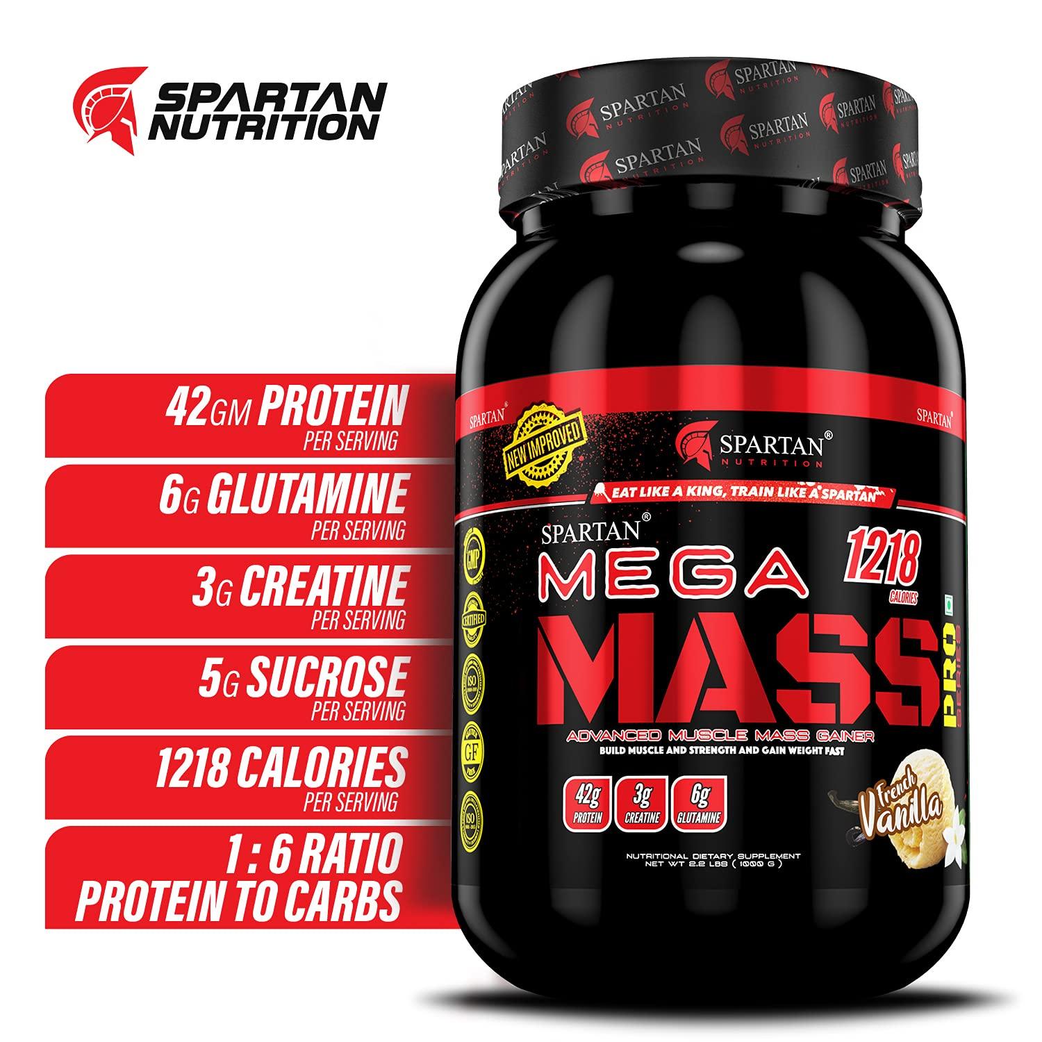 SPARTAN Spartan Nutrition Mega Mass Pro High Protein and High Calorie Mass Gainer / Weight Gainer Powder - 2.2 lbs, 1KG (French Vanilla) with Vitamins and Minerals