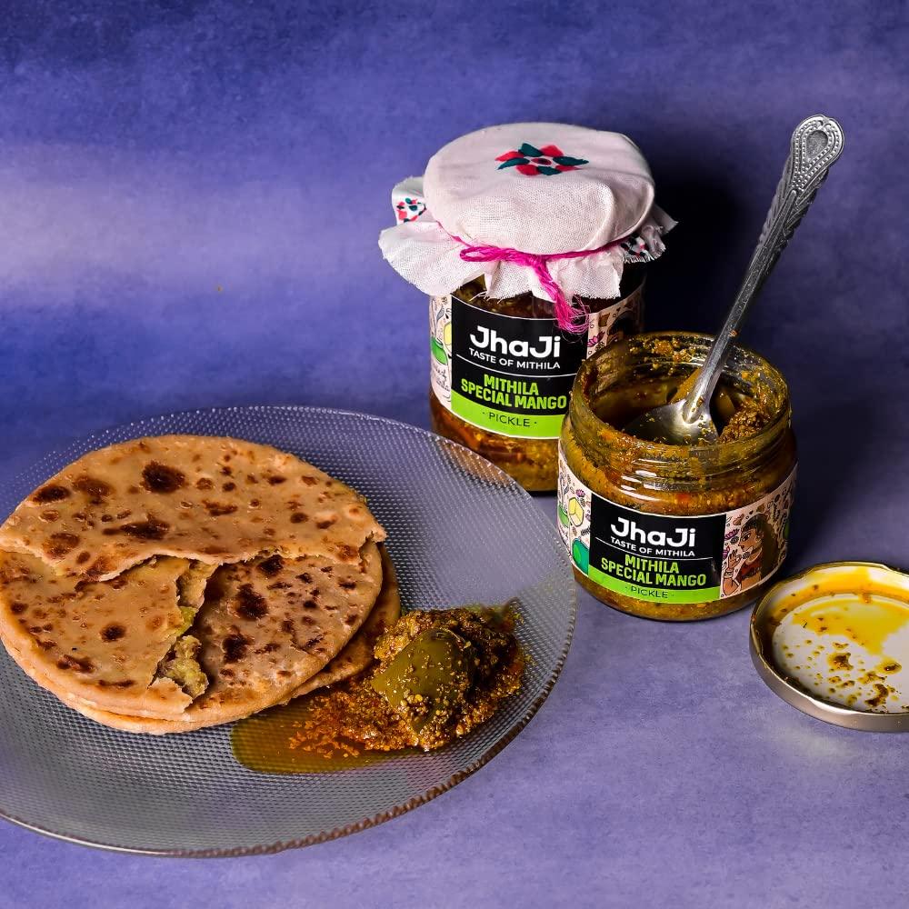 JhaJi - Taste of Mithila JhaJi - Taste of Mithila Special Mango Pickle|Bihari Style Aam Ka Achaar|Tangy & Spicy|Masaledaar & Khatta|1-Inch Mango Pieces|Sun-Dried. No Artificial Preservatives & Colors|Bihari-Style Pickle,250G