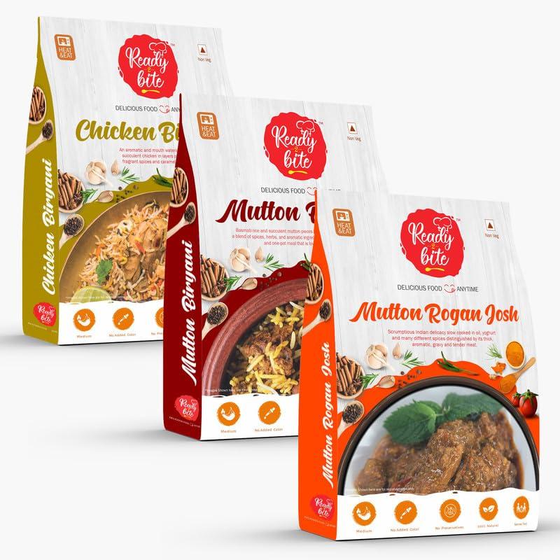 Ready 2 Bite Ready to Bite Chicken Biryani, Mutton Biryani, Mutton Rogan Jos (Combo Pack-3) Delicious Natural Veg- Instant Food Ready to Eat In Few Minutes | Microwaveable | Quick meals | No Preservative