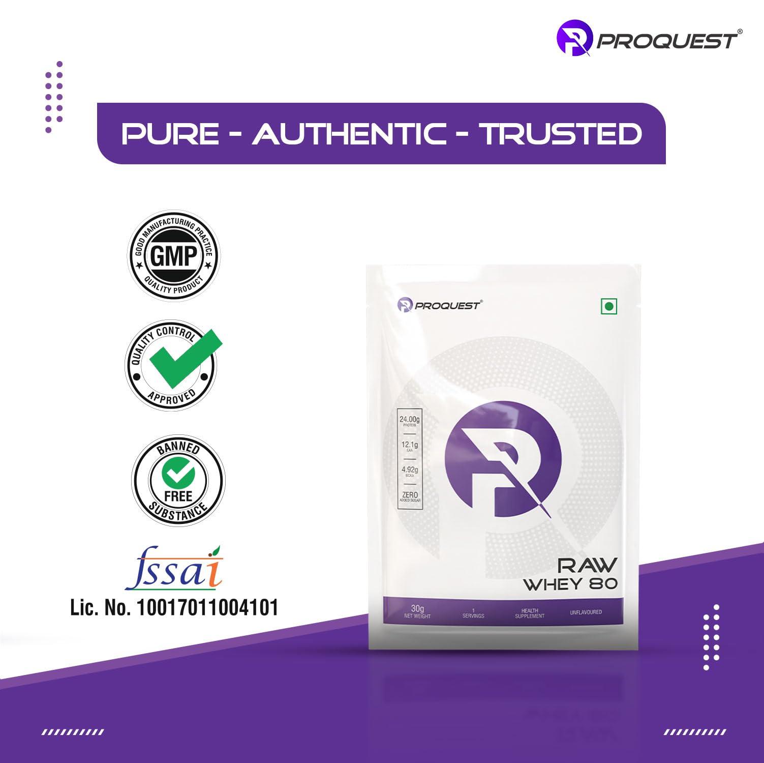 PRO QUEST ProQuest Raw Whey Protein Concentrate (Unflavoured, 30g / Single Serving Sachet) | 24g Protein Per Scoop | 4.9g BCAA & 12.1g EAA | Lab Tested & Easily Digestive | Faster Muscle Support & Recovery