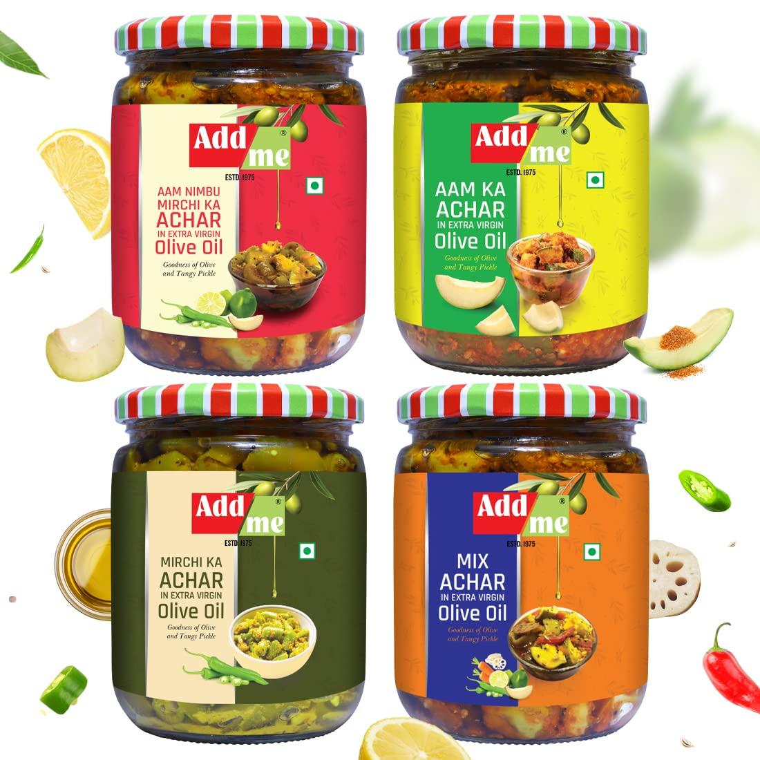 Add me Add me Mango Pickle 500 gm, Mixed Pickles 500 gm, Green Chilli Pickles 500 gm and Aam Nimbu Mirch Achar 500 gm All in Extra Virgin Olive Oil, Total 2 Kg -4 in 1 Pickle Combo Pack