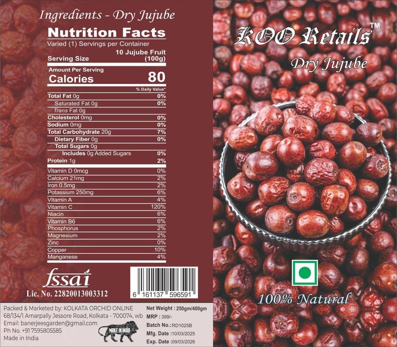 KOO Retails KOO Retails Jujube Dried Fruit - Unnab Ber Red - Whole Bair 400gm Red