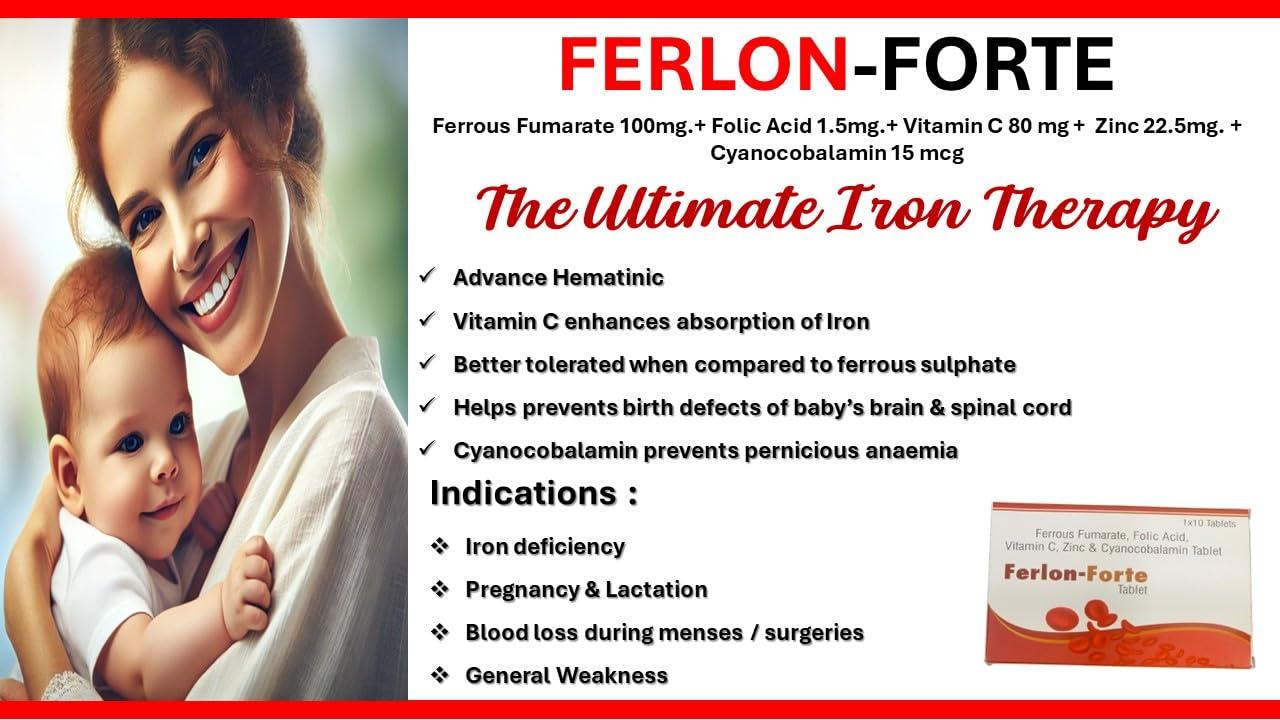 FERLON-FORTE FERLON-FORTE: Iron Supplement ( Pack Of 100 Veg Tablets) The Ultimate Therapy for Iron Deficiency, Pregnancy & Lactation Support, Compensate Blood Loss During menses & Post Surgery, Combat General Weakness, Boosts Energy and Immunity : Ferrous Fumara