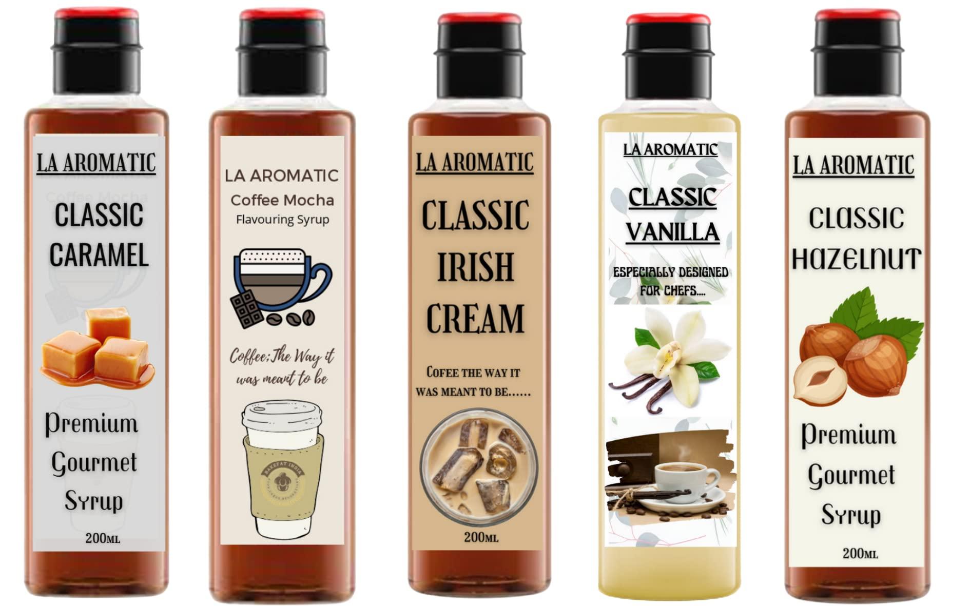 Aromatic La Aromatic All Exotic Coffee Syrups Combo of 5 flavours (Hazelnut,Vanilla,Irish Cream,Caramel,Coffee Mocha)-200ml Each