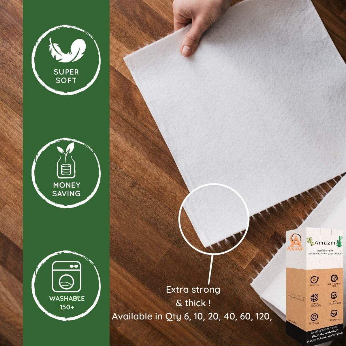 Amazm Amazm (60 SHEETS) Bamboo Reusable Paper Towels - Heavy Duty & Super Absorbent Kitchen Towel | Durable, Ecofriendly Bamboo Kitchen Towel Roll | Machine Washable Paper Towel | 10\"x11\" Sheets