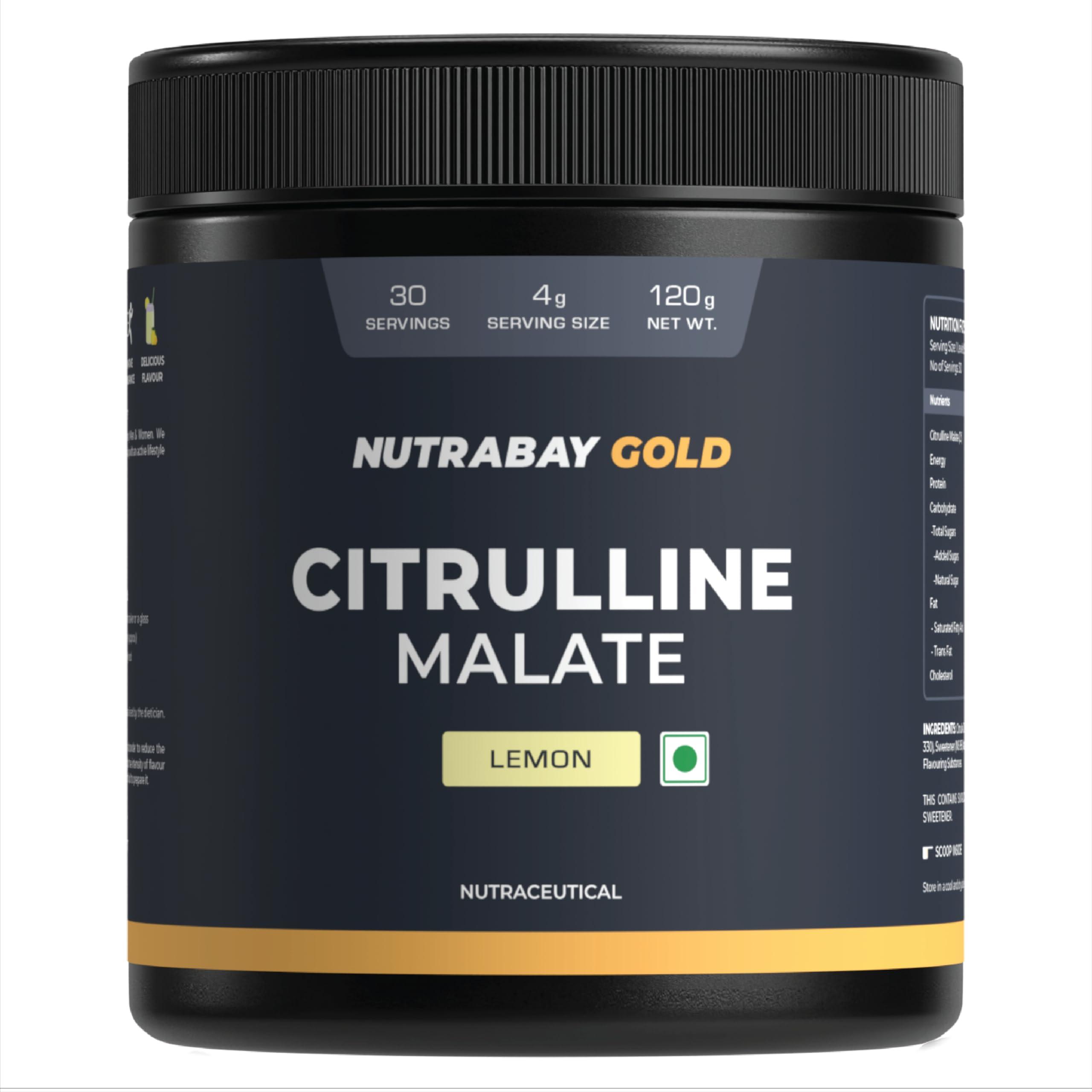 Nutrabay Nutrabay Gold Citrulline Malate 2:1 Supplement Powder - 120g, Lemon Flavor | Boosts Nitric Oxide, Pre Workout Amino Acid for Muscle Strength & Endurance
