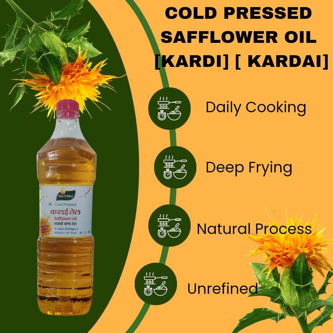 Sips N Bites Sips N Bites Cold Pressed Safflower Oil | 1 litre For Cooking | Lakdi Ghana | Kardi ka Tel | Lakdi Ghani Ka Oil | Kardai Tel Extracted On Wooden Churner 1000ml Bottle (Pack of 1)