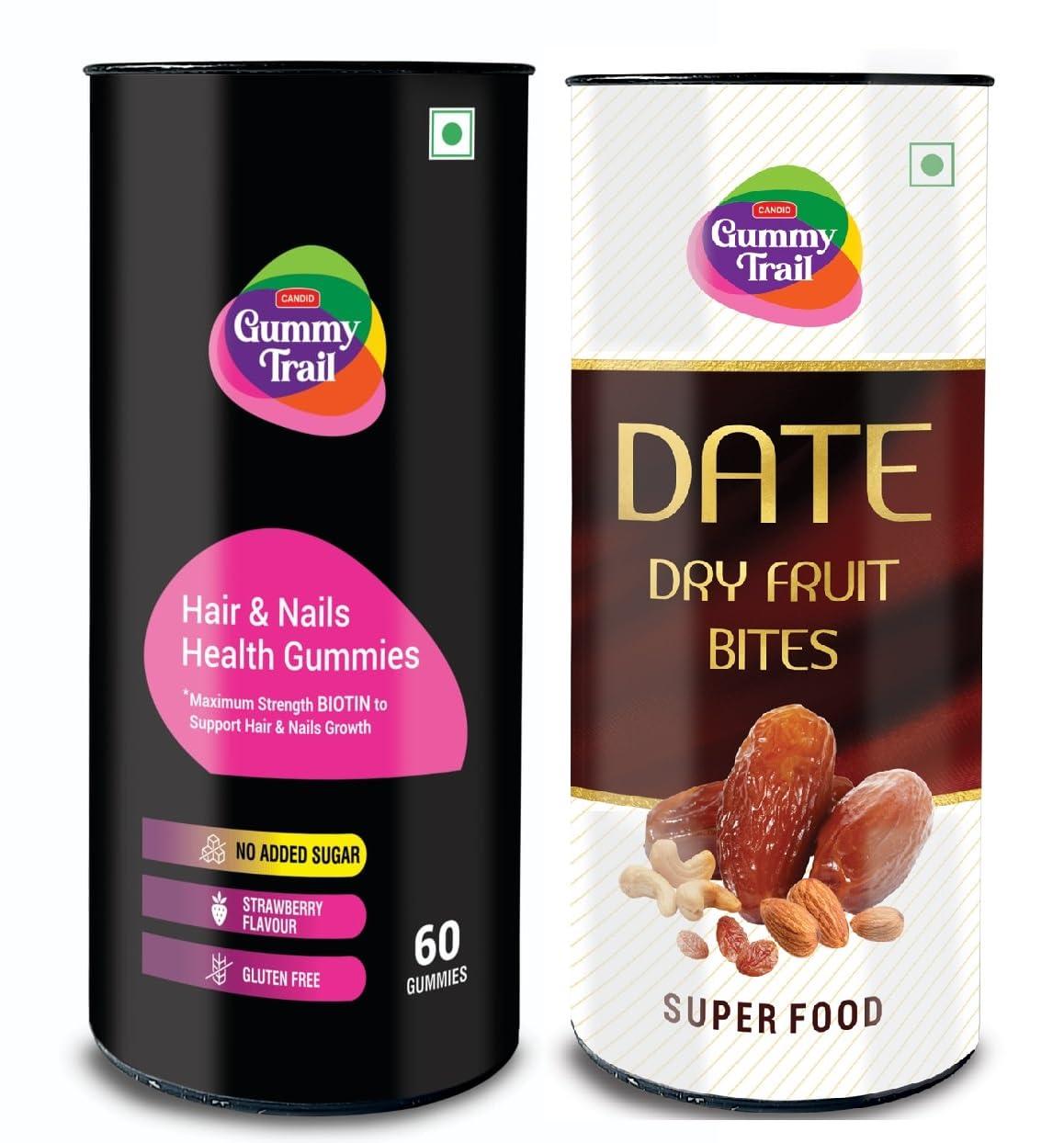 Gummy Trail Gummy Trail Combo of Date Bites and Hair & Nail Health Gummies | Strawberry Flavour Gummies Enriched with Biotin | Khajoor Bites Rich in Protein and Dietary Fibres | Combo of 60 Gummies + 15 Bites