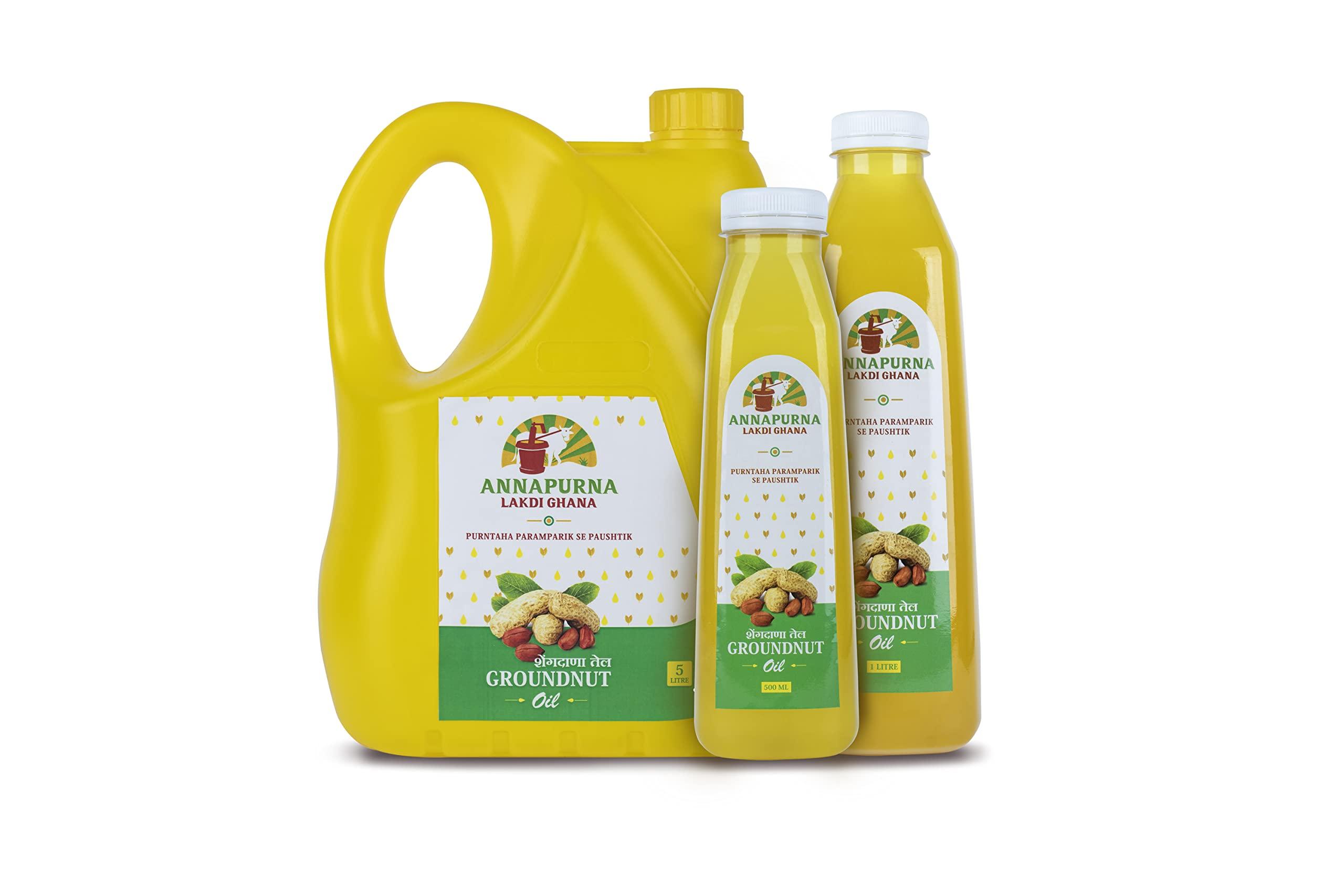 Annapurna Lakdi Ghana Annapurna Lakdi Ghana Cold Pressed Groundnut/Peanut Oil | Kolhu Kachhi-Ghani Wood Pressed Natural Cooking Oil | Pro Healthy, Chemical Free (5 Litre)