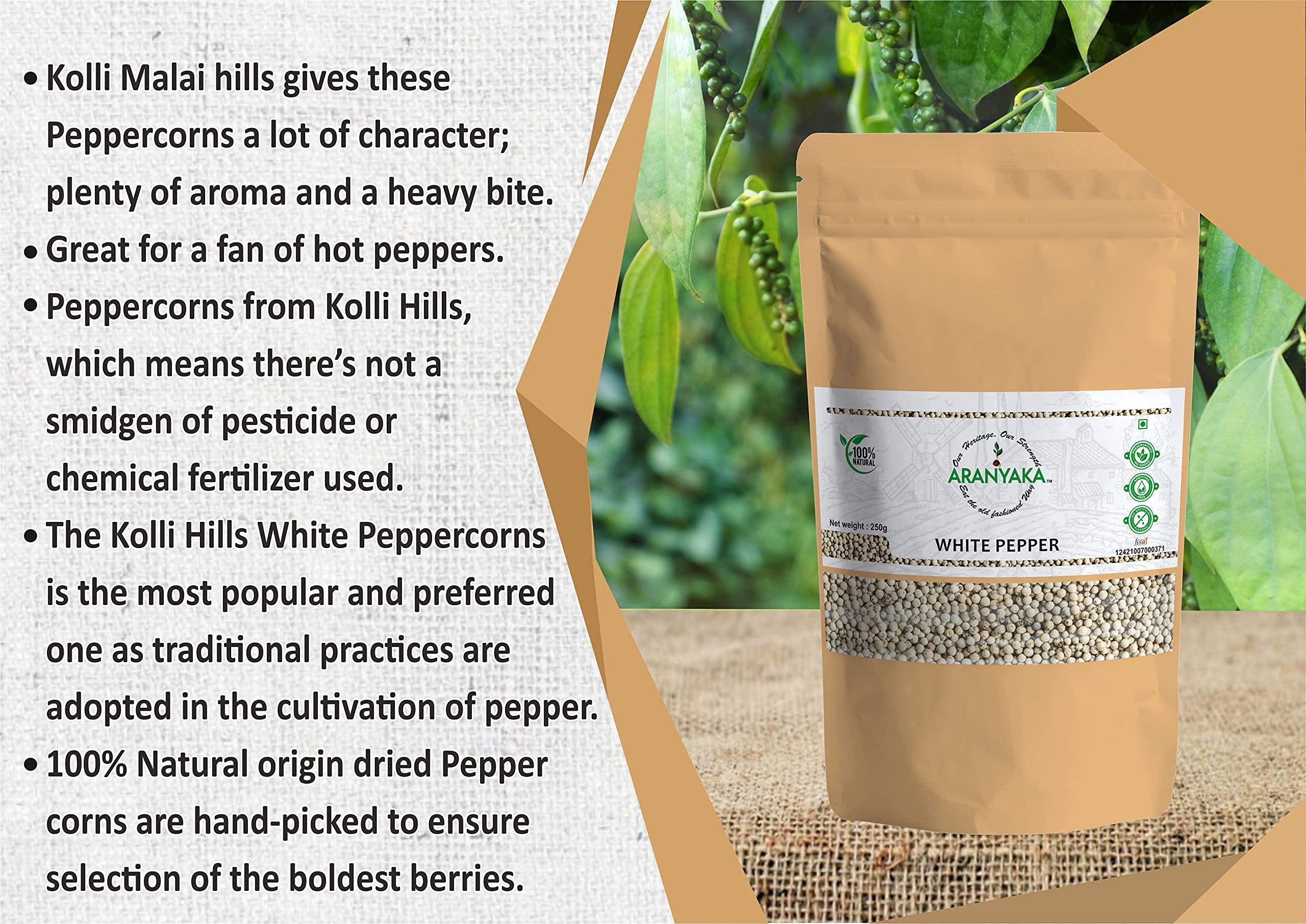 Aranyaka Aranyaka Kolli Hills White Pepper Whole 250g| High Range White Peppercorns| Bold | Directly Sourced from the Tribes of Kollimalai |100% Natural origin | Pesticide Free |Sabut Safed Mirch, 250 gm|