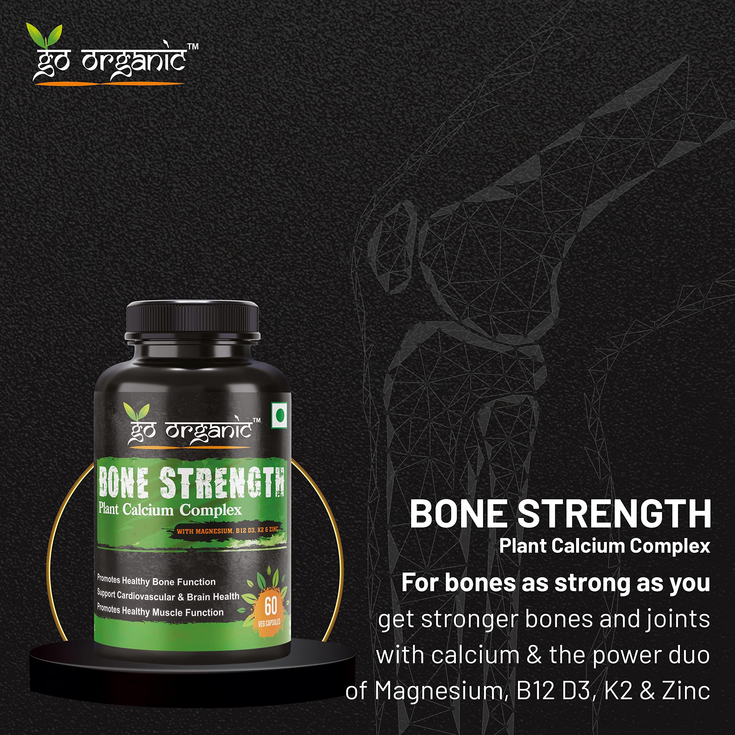 Go Organic Go Organic Bone Strength - Plant-Based Calcium, Magnesium, Zinc, Vitamin D3, VIT B12, K2 - GMO, Soy, Gluten Free Ingredients - Whole Food Supplement for Bone Health - 60 Vegan Friendly Capsules