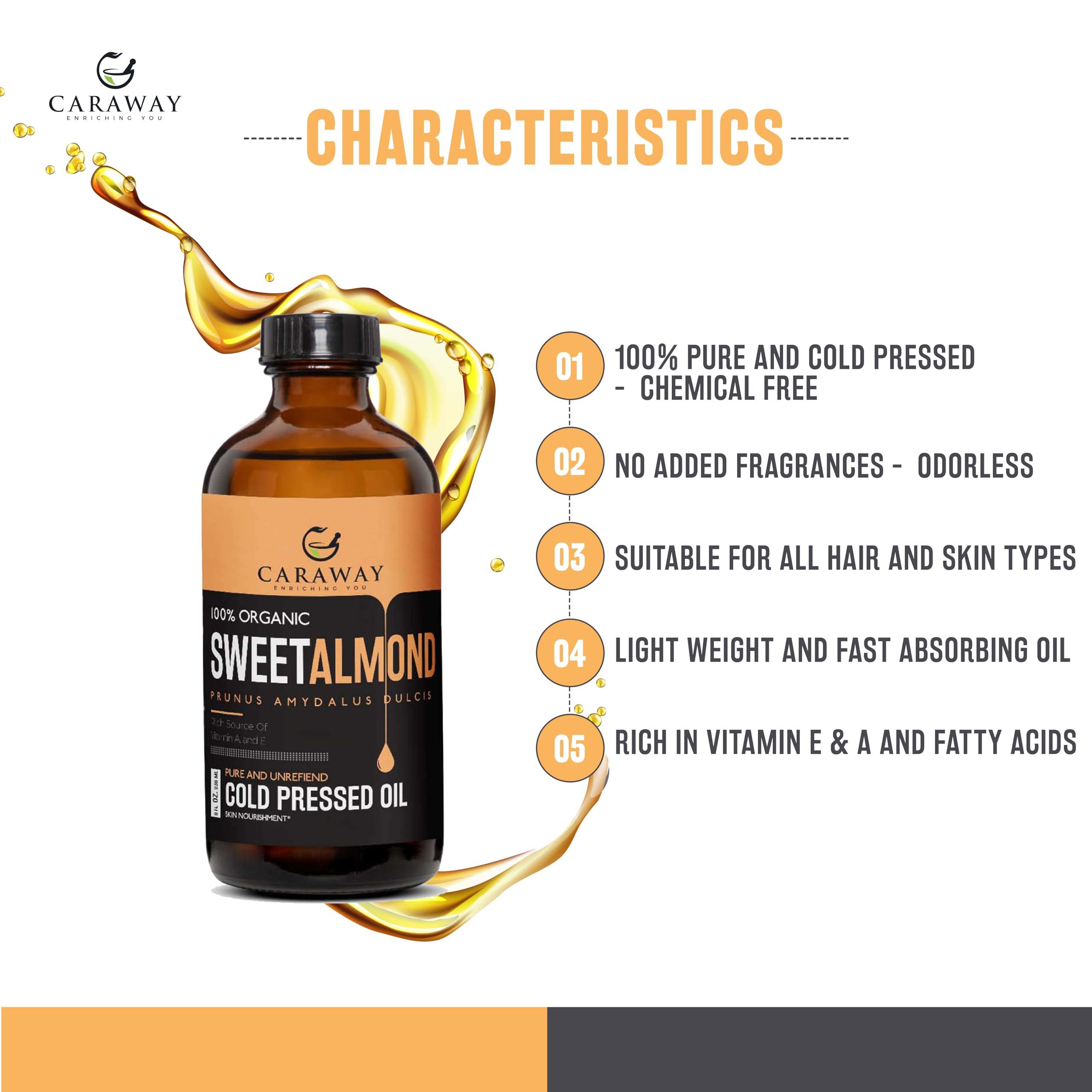 CARAWAY CARAWAY Certified Organic Almond Oil for Face - Cold Pressed Badam Rogan Oil for Baby Massage and Hair Care - Edible Grade - 16 oz / 475 ml