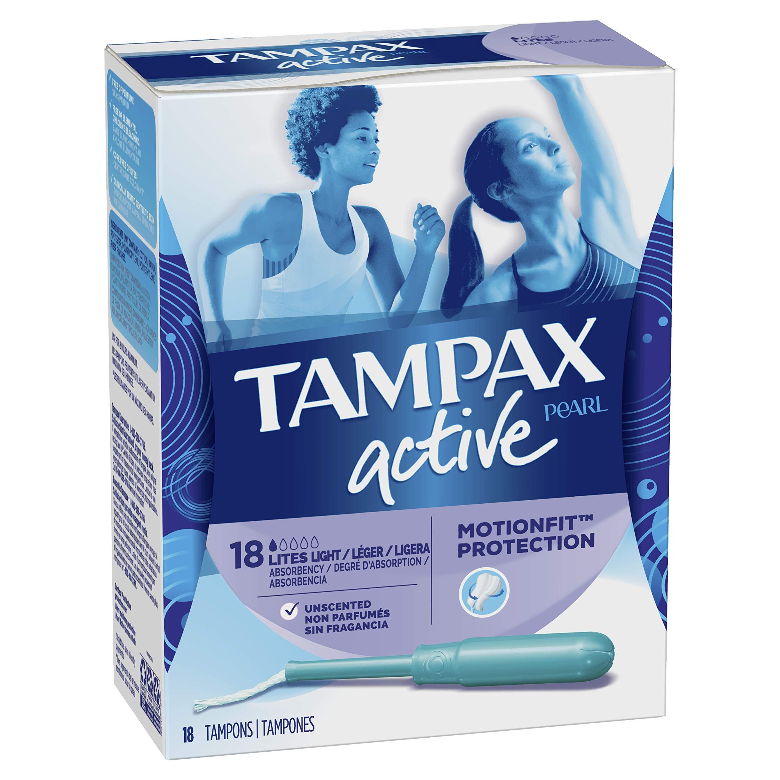 Tampax Tampax Pearl Active Plastic, Lites / Light Absorbency, Unscented Tampons, 18 Count