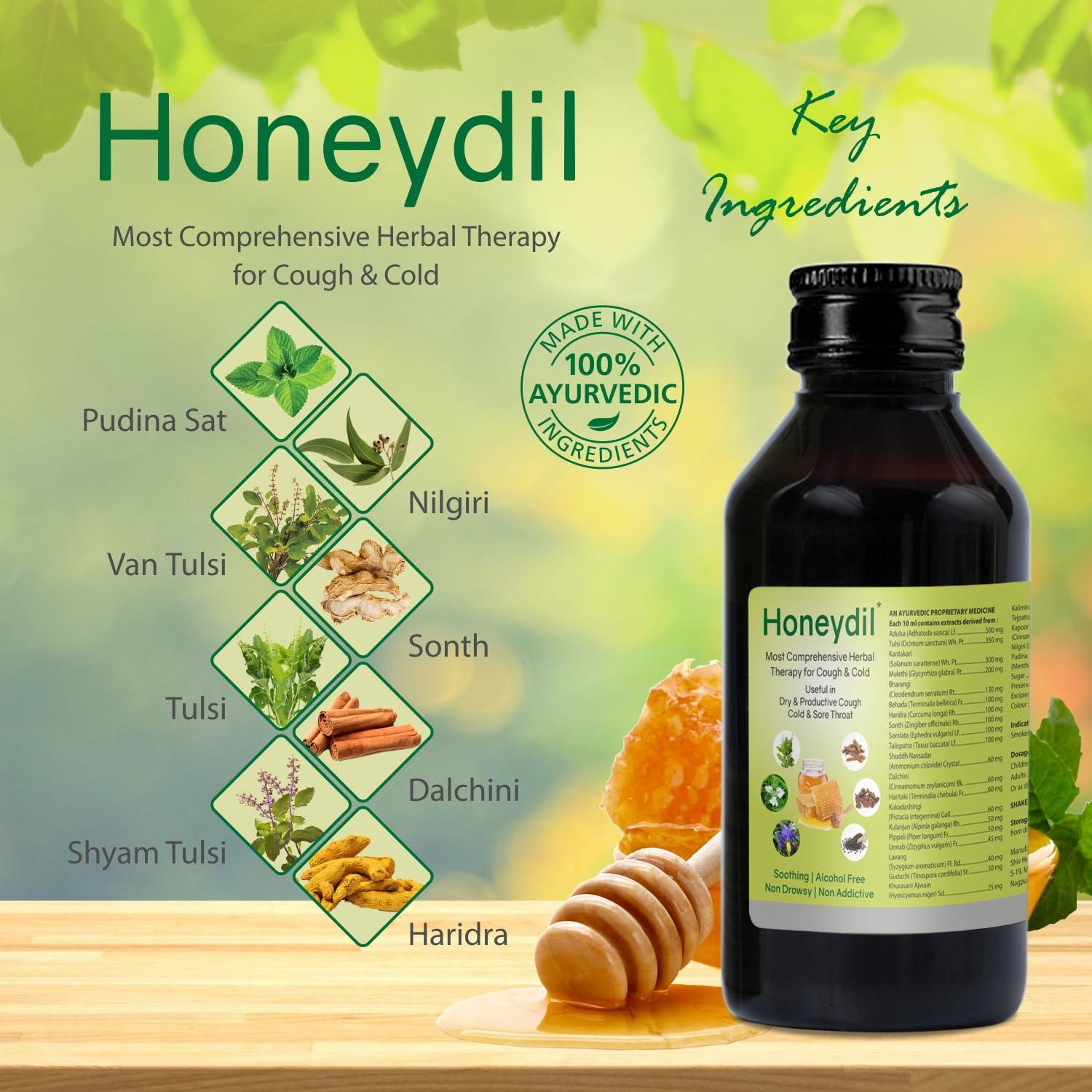 Honeydil Honeydil Cough Syrup 100 ml | With goodness of Adulsa, Tulsi, Kantakari, Haridra, Bharangi & Mulethi |Natural Ingredients| Non-Drowsy (Pack of 1 (100ml))