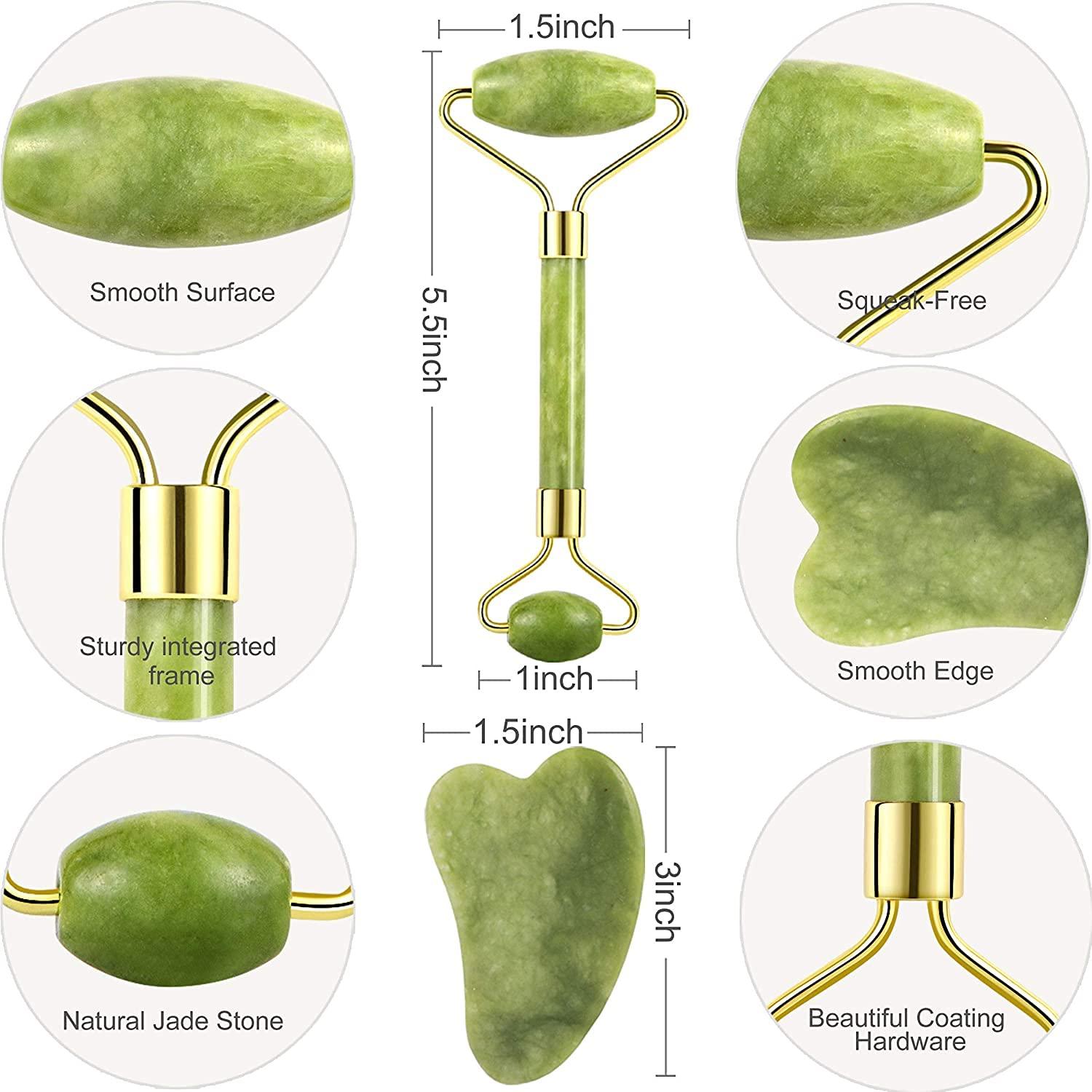 KILO COOL HVAC Jade Roller and Gua Sha Set for Beautiful Skin Detox - Facial Body Eyes Neck Massager Tool Reduce Wrinkles Aging - Original Natural Jade Stone