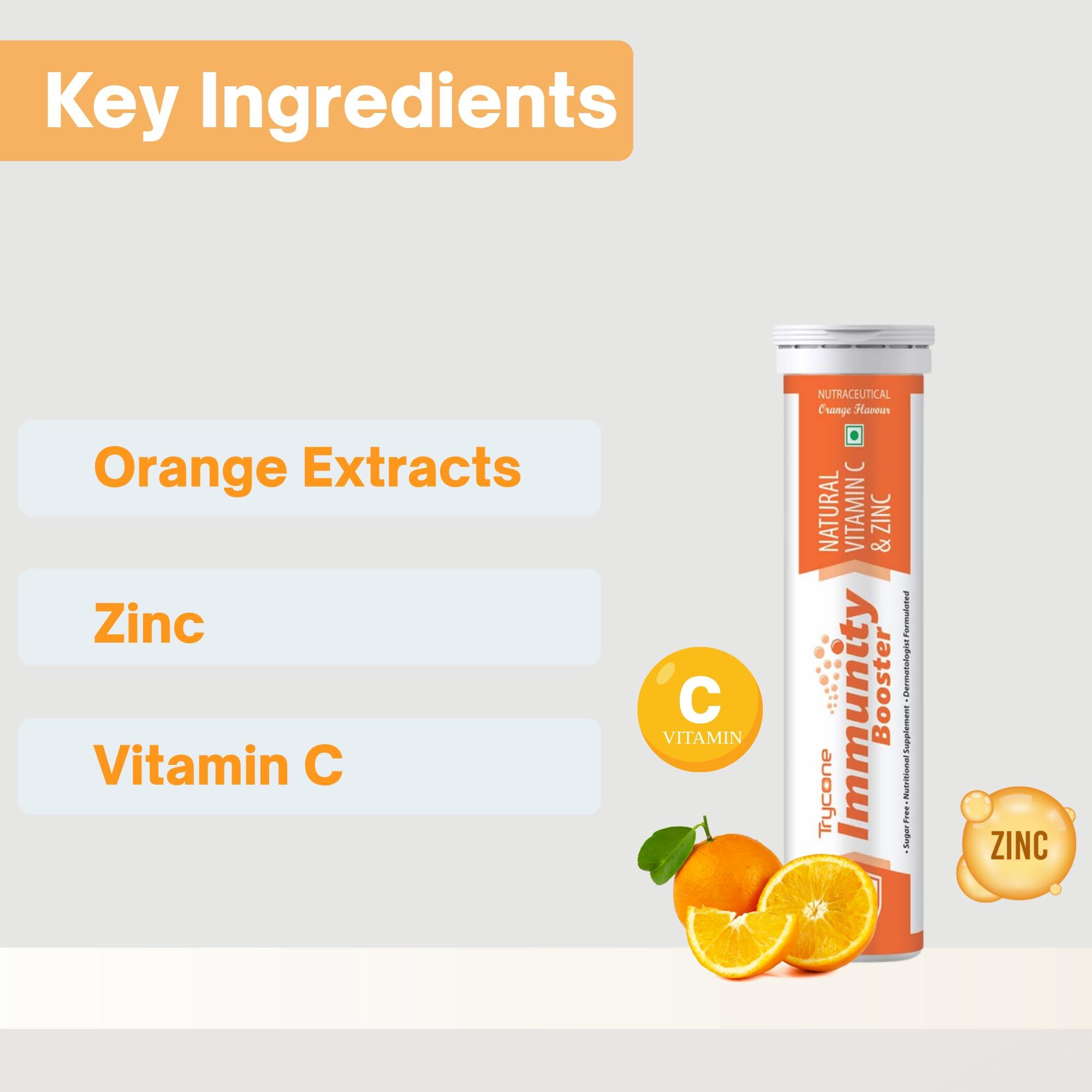 TRYCONE Trycone Immunity Booster for Adults with Natural Vitamin C from Amla Extract & Zinc Antioxidant Immunity Booster Skin care - 60 Effervescent Tablets Orange Flavour