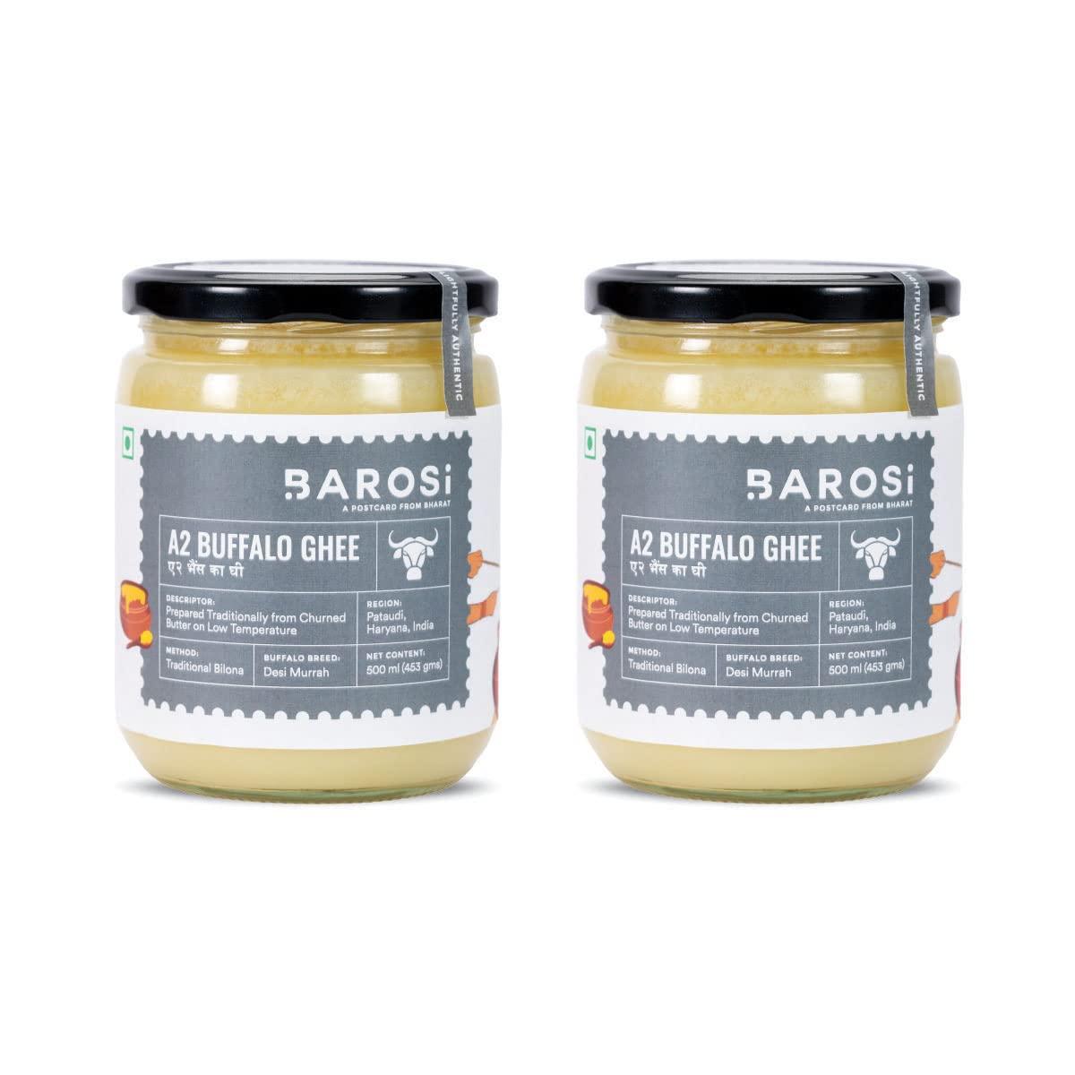 Barosi Barosi Premium Buffalo Ghee 1 Litre (Combo Pack of 2 * 500ml) | Vedic Bilona Method | Churned from Curd | Pure & Natural | Farm Made in Small Batches | Glass Jar Packing