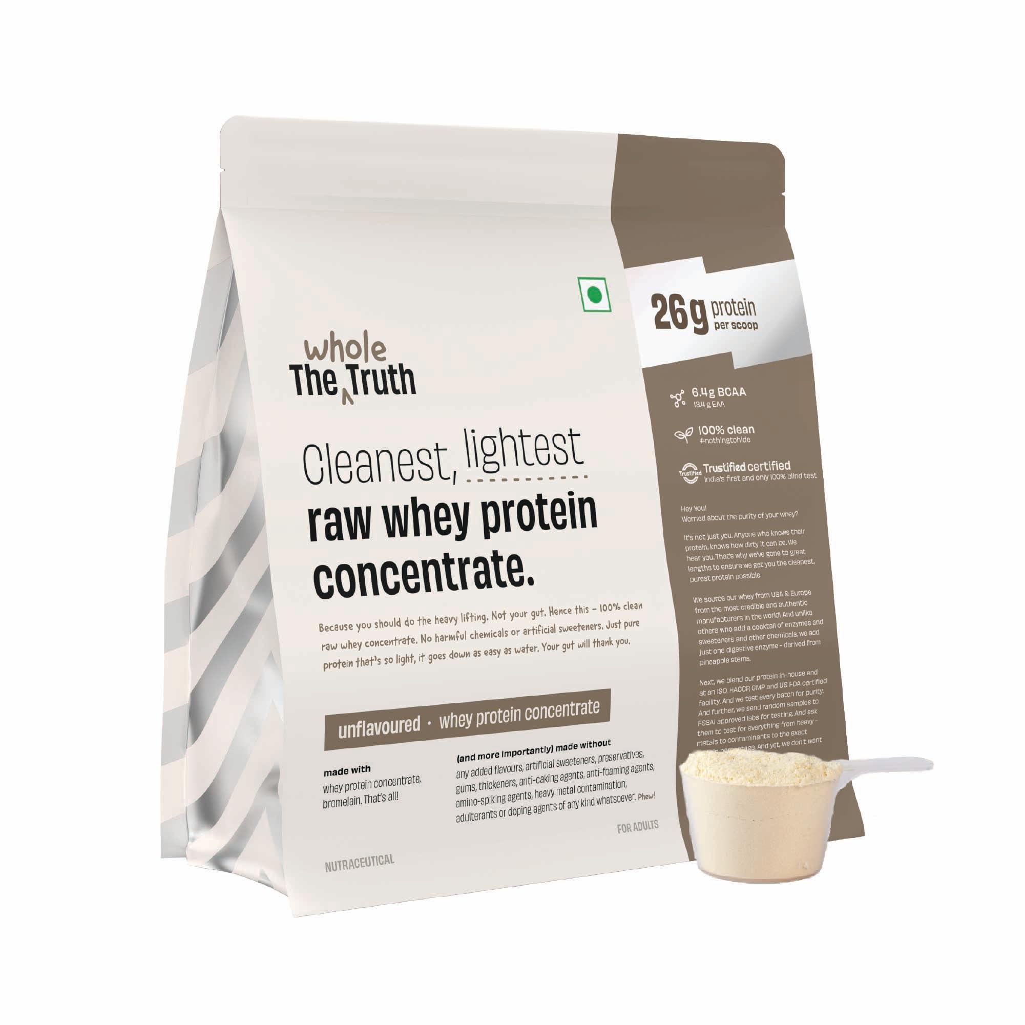 The Whole Truth The Whole Truth Whey Protein Concentrate Unflavoured |1 kg (2.2 lbs) | 26g Protein per scoop | 6.4g BCAA | 100% Authentic Whey & No Adulteration | Clean and Light | Muscle Building | Vegetarian