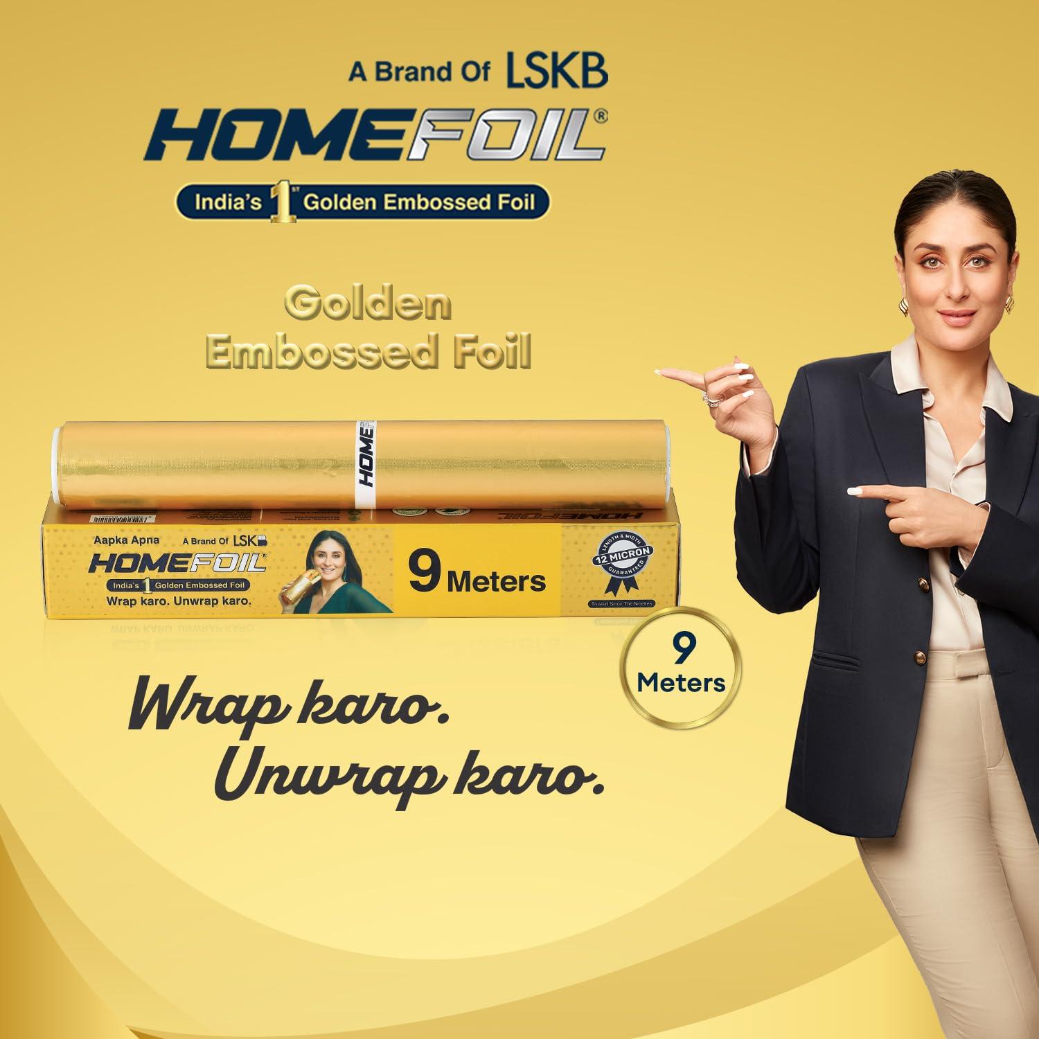 Homefoil HOMEFOIL 9 Meter Golden Embossed Aluminium Foil | 12 Micron Thickness | Premium Quality | Keeps Food Fresh Always | Perfect for Food Wrapping, Packing, Storing and Serving (Pack of 1)