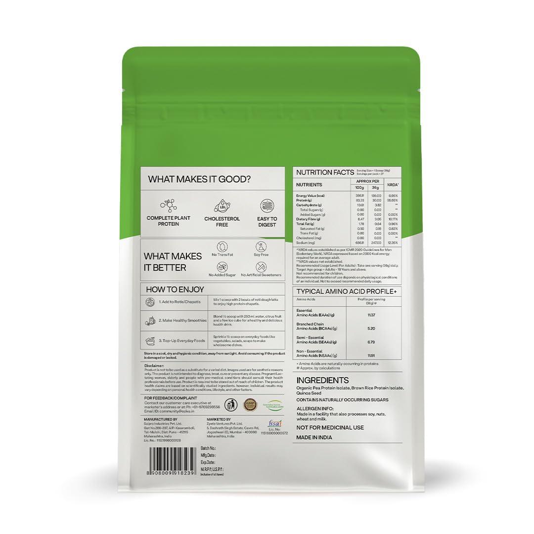 OZiva OZiva Organic Plant Protein for Everyday Fitness | 30g Protein - Pea Isolate | Complete Plant Protein Powder for Men & Women | No Added Sugar, Certified Clean & Vegan (Unflavoured, 1kg)