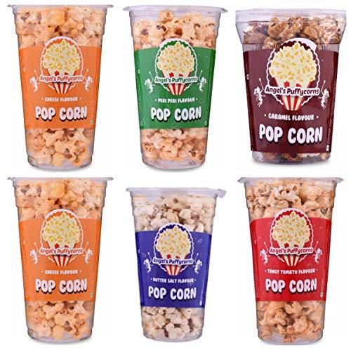 Angels Angels Puffycorns Flavoured Ready to Eat Popcorn - Mix Flavour - Pack of 6 Units (2 Cheese, 1 Tangy Tomato, 1 Butter Salted, 1 Peri Peri & 1 Caramel)