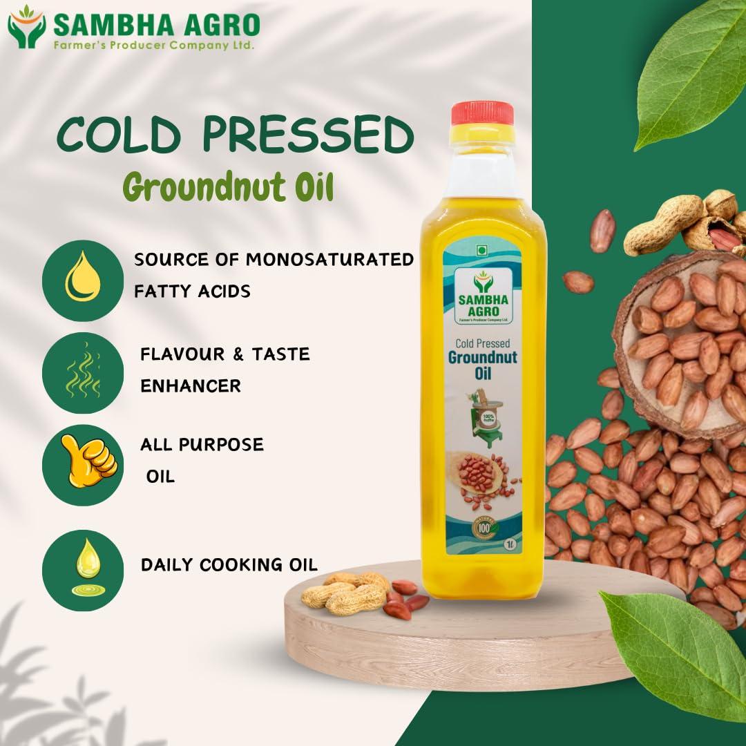 SAMBHA AGRO Sambha Agro 1L Cold Pressed Groundnut Oil - Better, Pure & Unrefined | Naturally Cholesterol-Free Cooking Oil with Rich Aroma & Flavor | A1 Grade Groundnuts | Purity in Every Drop (Pack of 2)