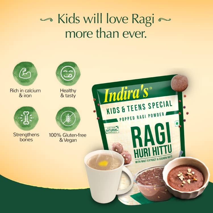 INDIRA Indira’s Ragi Huri Hittu - Teens & Kids Special, Popped Ragi Flour with Cashew Nuts, Malt, Spices (400g, Pack of 4), Ragi Malt Mix, Instant Ragi Porridge Mix, Ragi Laddu Mix