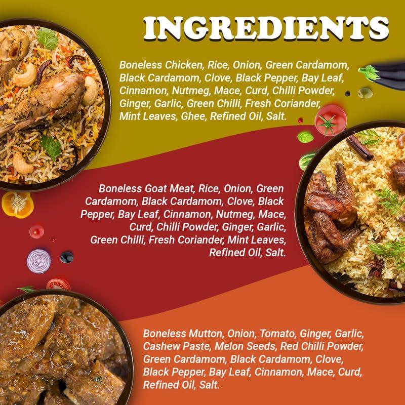 Ready 2 Bite Ready to Bite Chicken Biryani, Mutton Biryani, Mutton Rogan Jos (Combo Pack-3) Delicious Natural Veg- Instant Food Ready to Eat In Few Minutes | Microwaveable | Quick meals | No Preservative