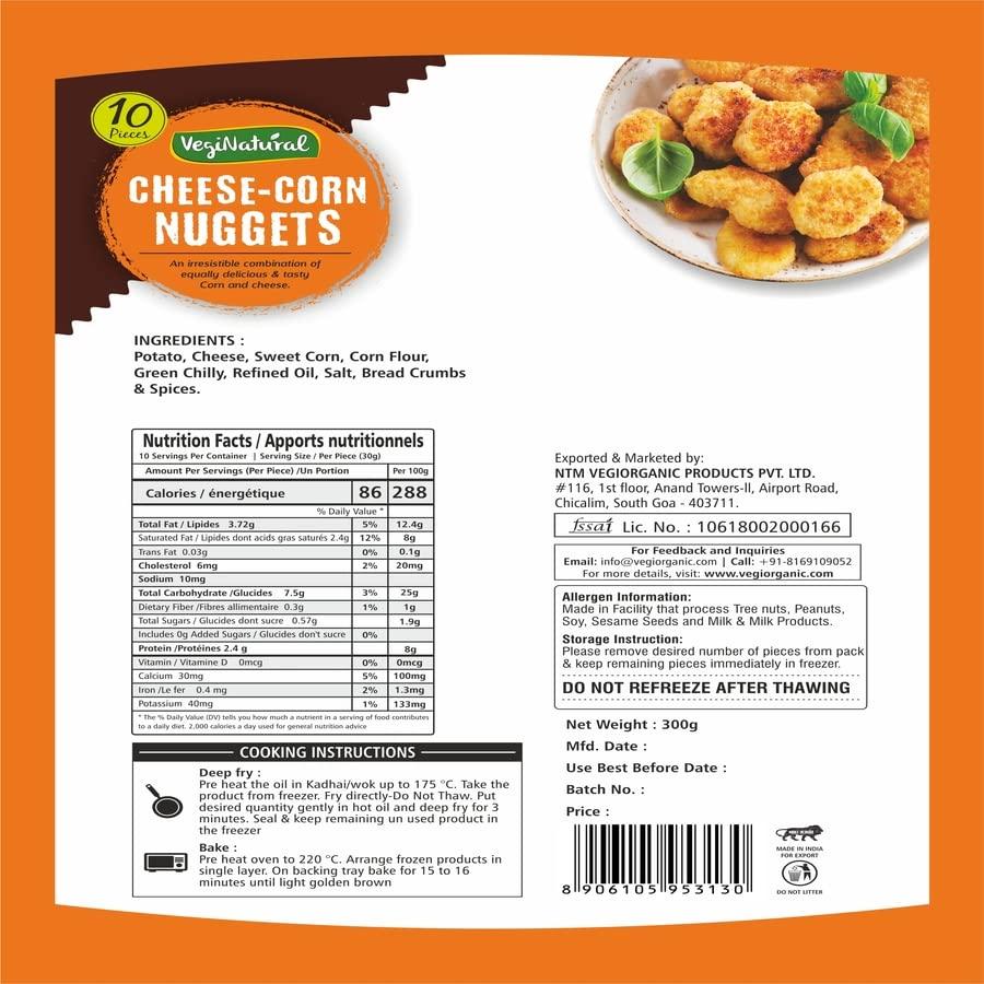 Vegiorganic VegiNatural Fresh Frozen Cheese Corn Nuggets/Ready to Eat, 300 Gram, Pack of 1