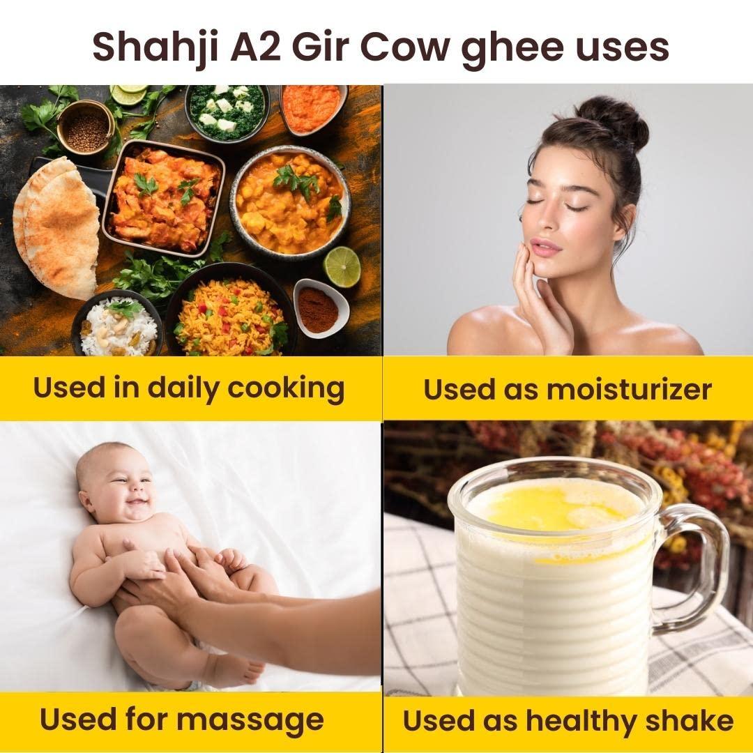 SHAHJI Shahji Pure A2 Gir Cow Desi Ghee 1L Glass Jar | Crafted with Vedic Bilona Method from 100% Desi Gir Cow Milk | Grassfed, Premium, and Traditional Ghee to Boost Immunity and Digestion | Lab Tested for Quality | Maa Ke Hath Ka Ghee | Serving Since 1957