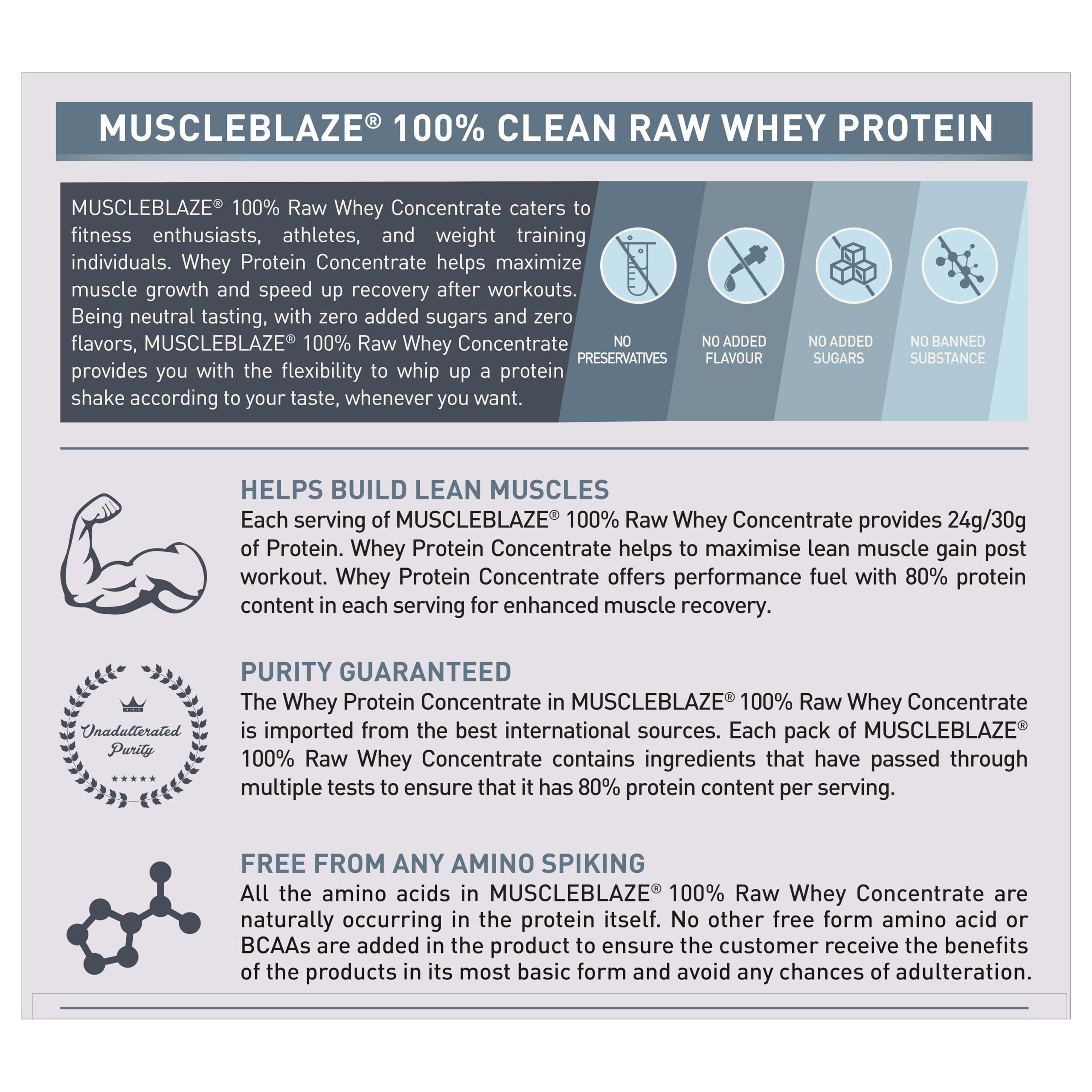 MuscleBlaze MuscleBlaze 100% Clean Raw Whey Protein Concentrate (Unflavoured, 1kg) | Easy to Digest