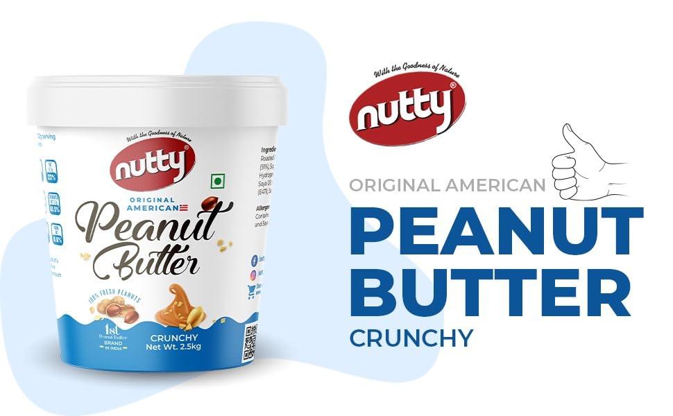 NUTTY NUTTY Goodness of Crunchy Natural Peanut Butter | Unsweetened & 100% Roasted Peanuts | No Added Sugar, Salt, or Hydrogenated Oils | High Protein Peanut Butter Crunchy | Gluten-Free & Vegan | 2.5kg Jar