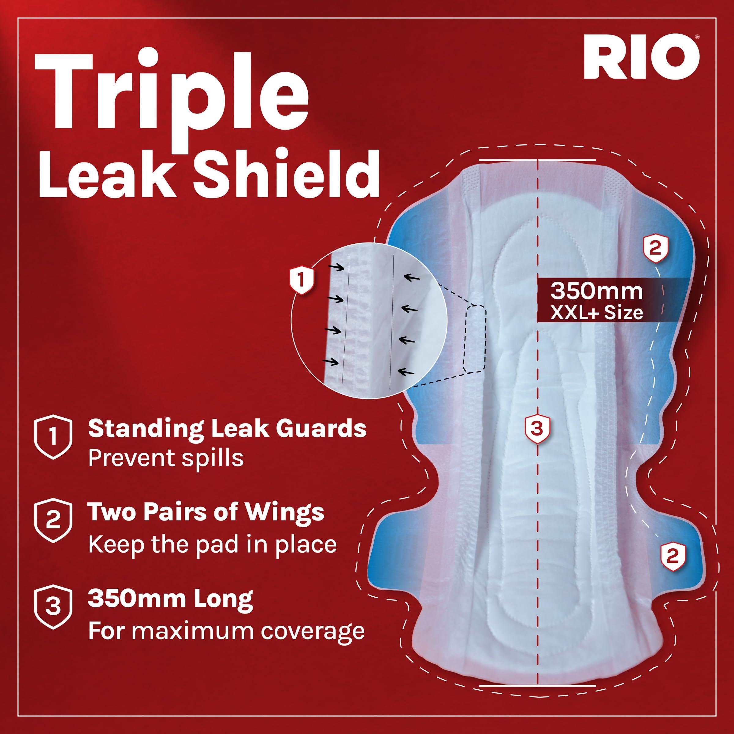 RIO RIO Sanitary Pads For Women Xxl,10 Pads Max Coverage 350 Mm With 50%Wider Back,2X High Absorption With Leak Proof Side Walls,Anti-Bacterial,Double Wings,Cottony Soft And Rash Free,LeakFree,Odour Lock