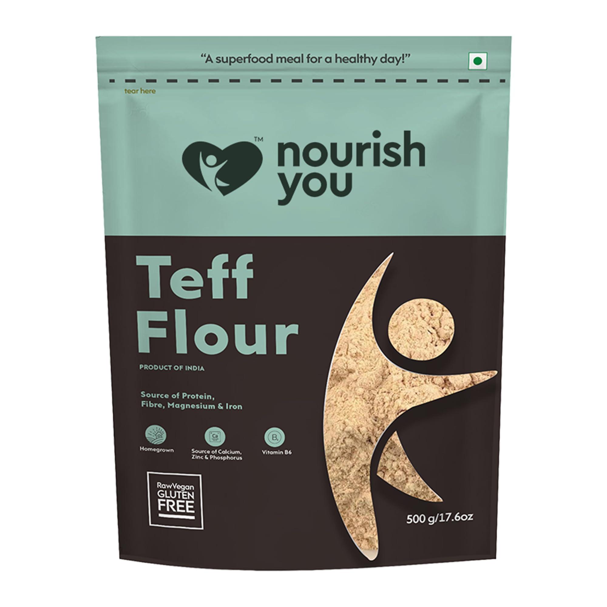 NOURISH YOU Nourish You Teff Flour 500 G | Vegan | Organic | Gluten Free | Improves Gut Health | Rich in Micro-nutrients | No preservatives | Whole Grain Teff Flour | Pack of 1