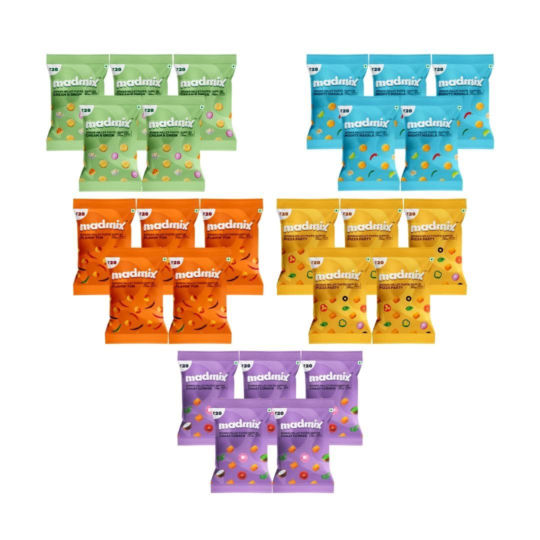 Madmix Madmix Bundle | Jowar & Quinoa Millet Puffs | All Flavors Pack of 5 Each | Baked, Not Fried | Protein-Packed | Healthy Snacks | Gluten-Free | No preservatives or Trans Fat | Pack of 25 (20g x 25)