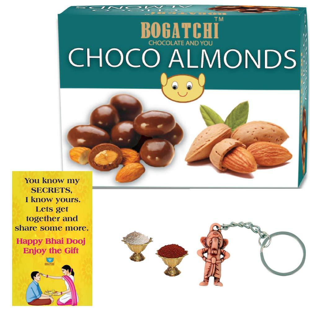 BOGATCHI BOGATCHI Complete Bhai Dooj Gift Hamper for Brother, Chocolate Coated Almonds, 100g + Free Bhai Dooj Greeting Card + Free Beautiful Ganesha Key Chain + Roli Chawal
