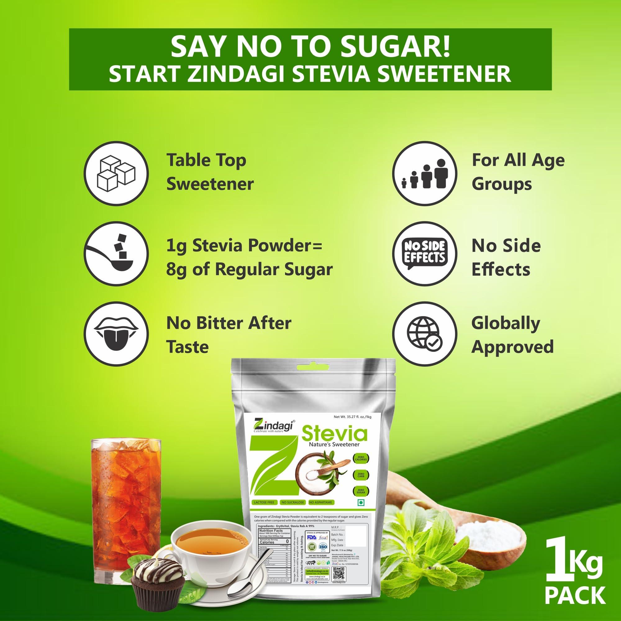 ZINDAGI Zindagi Stevia Powder (Reb A 99%) Extract | Sugar Subsitute | Stevia Natural Sugar-free Powder In Bulk | 500 gm | Pack of 4