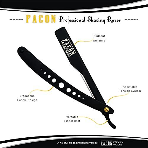 FACON Facón Professional Straight Edge Barber Razor/Rasoirs/Rasoi with Adjustable Tension Screw - Salon Grade Quality Cut Throat Shavette - Japanese Stainless Steel - Black & Gold Limited Edition Gift Box