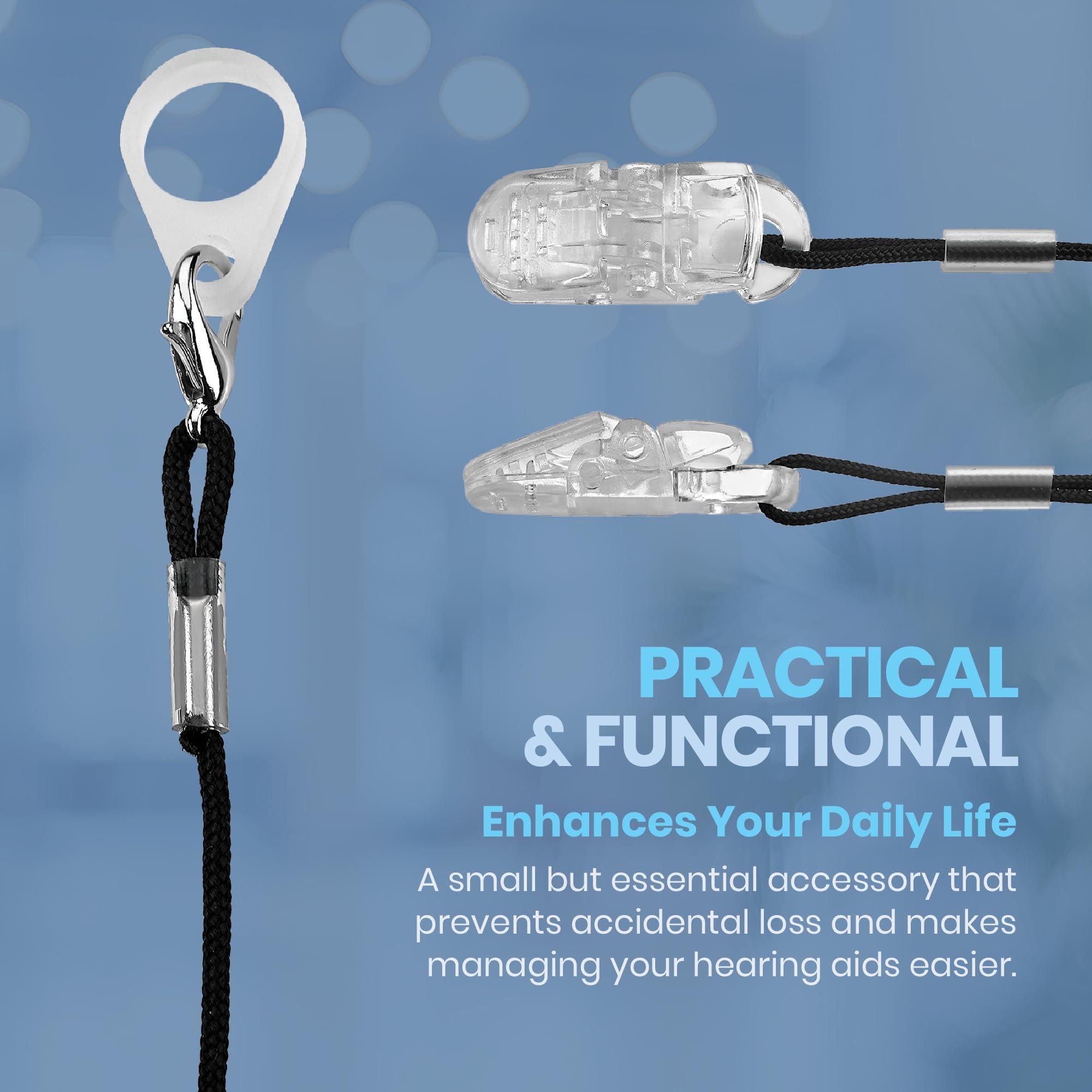 MEDca Hearing Aid Clip - Protective Holder with Anti Lost Lanyard Cord - Rope with Loops and Clip and Security Clip Ideal for Behind the Ear Hearing Aids and Personal Sound Amplifiers