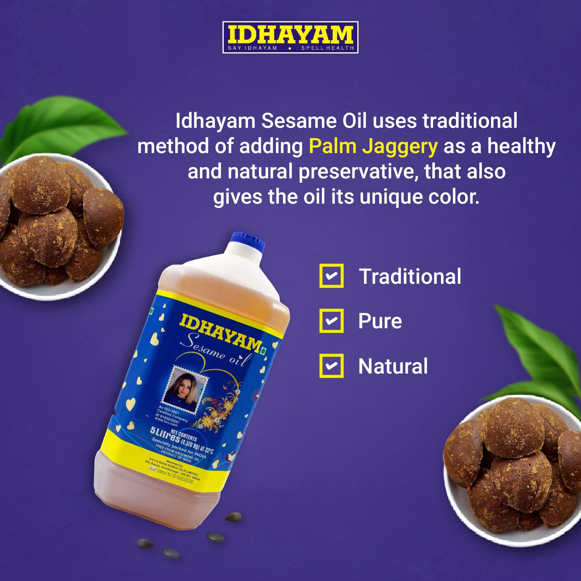 Idhayam Idhayam Sesame Oil, 100% Pure and Fresh, Sesame Oil With a Good Source of Natural Nutrients, Traditional Gingelly Oil (5 Litre)