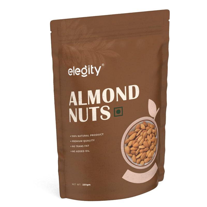 ELEGITY Elegity 100% Natural Plain California Almonds Pouch 250 gm | Nutritious & Delicious Badam | High in Fiber & Boost Immunity | Rich in Protein, Tasty Nuts | No Preservatives Added in Dry Fruit