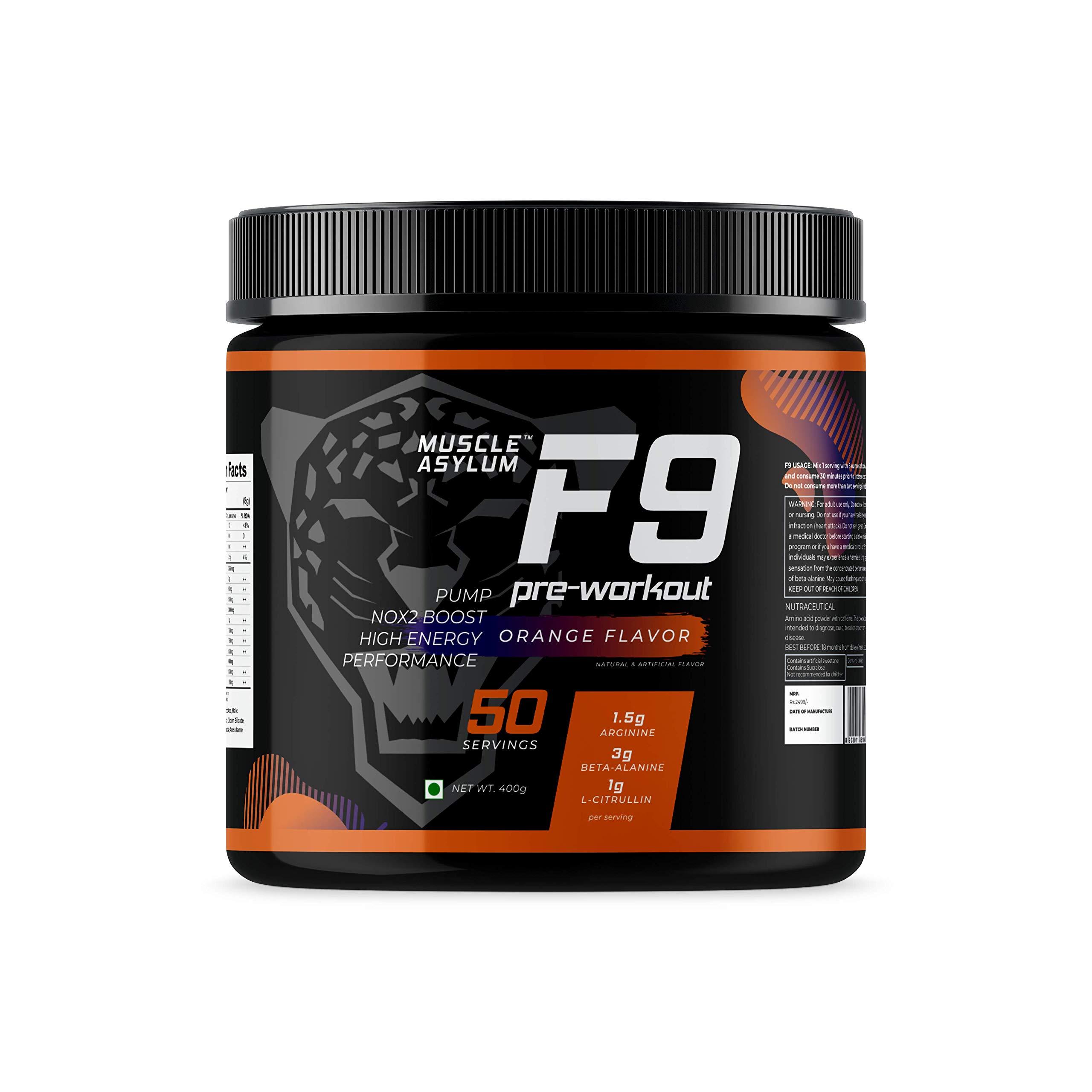 Muscle Asylum Muscle Asylum F9 Pre-Workout - 50 Servings, 400gm (Orange Flavor) | Boosts Energy & Endurance | Improves Focus