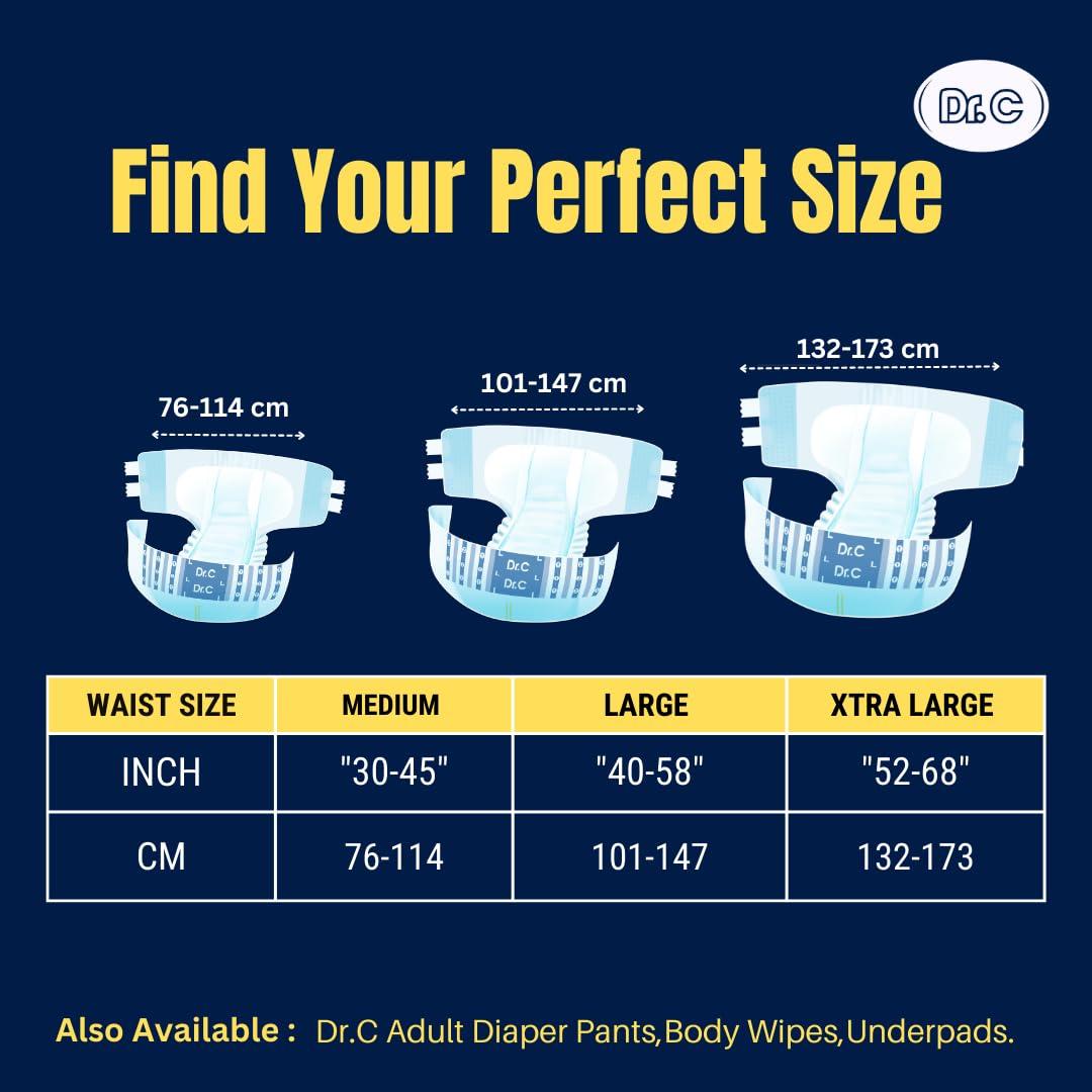 DR. C Dr.C Overnight Adult Diaper (Tape Style) High Absorption, 16 hrs Protection, Odour Free, Leak Proof, and breathable back sheet. Size - Medium (76-114 cms,30-45 Inch) Pack of 1 (10 counts)
